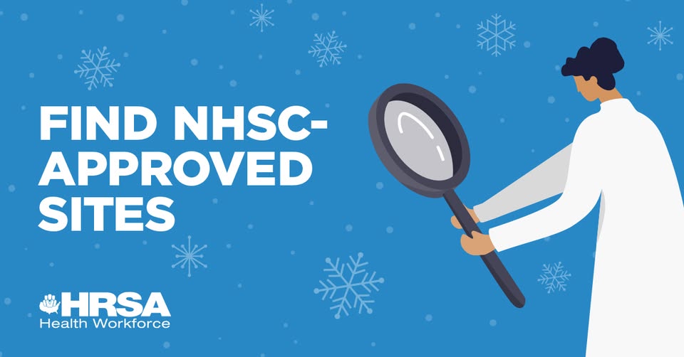Person holding a magnifying glass searching for NHSC-approved healthcare sites on a blue background with snowflakes.