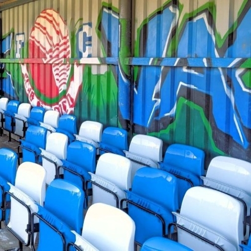 SUTTON TIP UP SEAT - GALVANISED BLACK FRAME, UV TREATED PLASTIC SEATS IN BLUE AND WHITE.