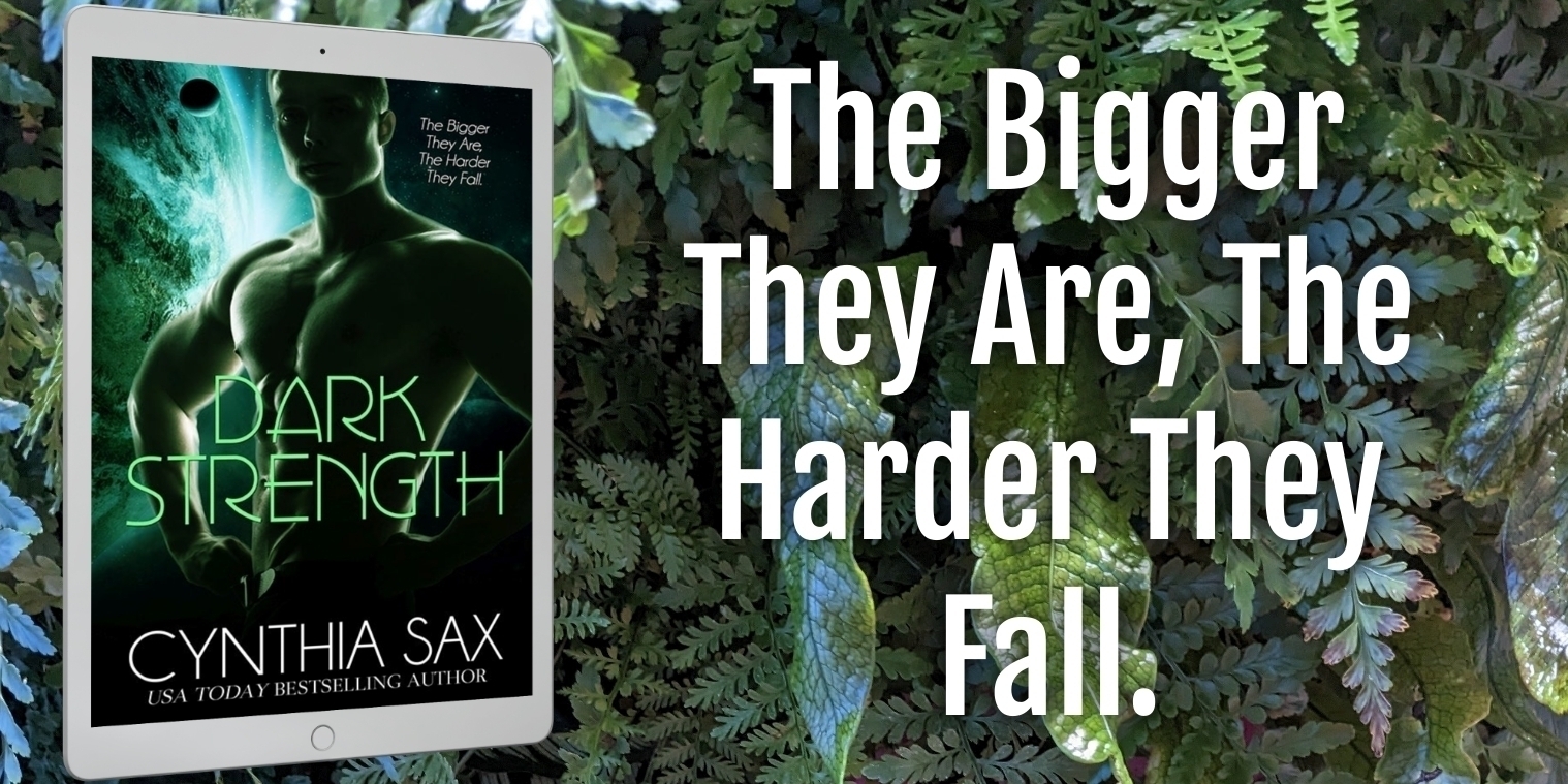 The cover of Dark Strength displayed with vegetation. The cover of Dark Strength features a huge bald-headed bare-chested male alien warrior who likes to stomp on his enemies' heads with his big booted feet.