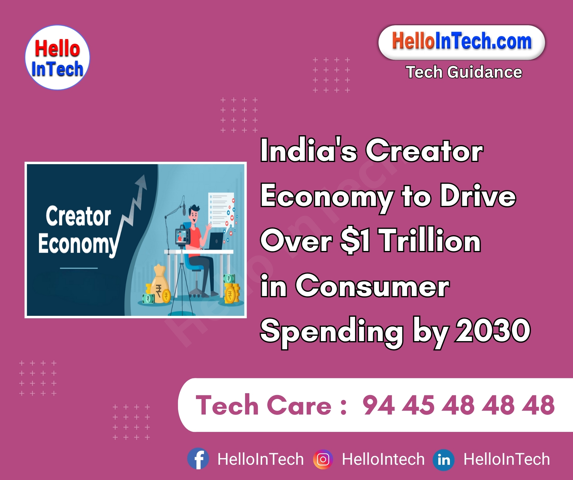 India’s creator economy is poised for significant growth, with projections indicating it will influence over $1 trillion in annual consumer spending by 2030, a substantial increase from the current $350–400 billion.
𝐏𝐥𝐞𝐚𝐬𝐞 𝐅𝐨𝐥𝐥𝐨𝐰 & 𝐒𝐡𝐚𝐫𝐞 -𝗛𝗜𝗧 𝐓𝐨𝐮𝐫 𝐨𝐧 𝐒𝐨𝐜𝐢𝐚𝐥 𝐌𝐞𝐝𝐢𝐚 𝐏𝐚𝐠𝐞𝐬:
📞 𝗖𝗮𝗹𝗹 𝘂𝘀 𝘁𝗼𝗱𝗮𝘆: 94 45 48 48 48
🌐 𝗪𝗲𝗯𝘀𝗶𝘁𝗲: https://hellointech.com/i-news/
📧𝗘𝗺𝗮𝗶𝗹 𝗜𝗗: hellointech.com@gmail.com
👉 𝗙𝗮𝗰𝗲𝗯𝗼𝗼𝗸: https://www.facebook.com/HelloInTech/
👉 𝗜𝗻𝘀𝘁𝗮𝗴𝗿𝗮𝗺: www.instagram.com/Hello_intech
👉 𝗟𝗶𝗻𝗸𝗲𝗱𝗜𝗻: https://www.linkedin.com/in/hello-intech-19ba10220/
👉 𝗧𝘄𝗶𝘁𝘁𝗲𝗿/𝗫: https://x.com/HelloIntec13514
👉 𝗧𝗲𝗹𝗲𝗴𝗿𝗮𝗺: https://t.me/HelloInTech
👉 𝗪𝗵𝗮𝘁𝘀𝗔𝗽𝗽: https://wa.me/9445484848
👉 𝗪𝗖: https://whatsapp.com/channel/0029VbAfJCsEQIaoPeLZG62Z