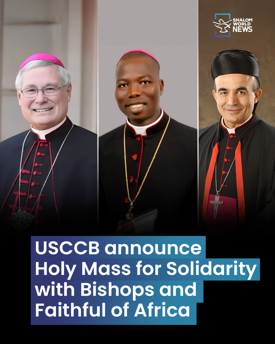 Portraits of Catholic bishops representing the United States and Africa, highlighting a call by the United States Conference of Catholic Bishops for a Holy Mass in solidarity with the Bishops and faithful of Africa.