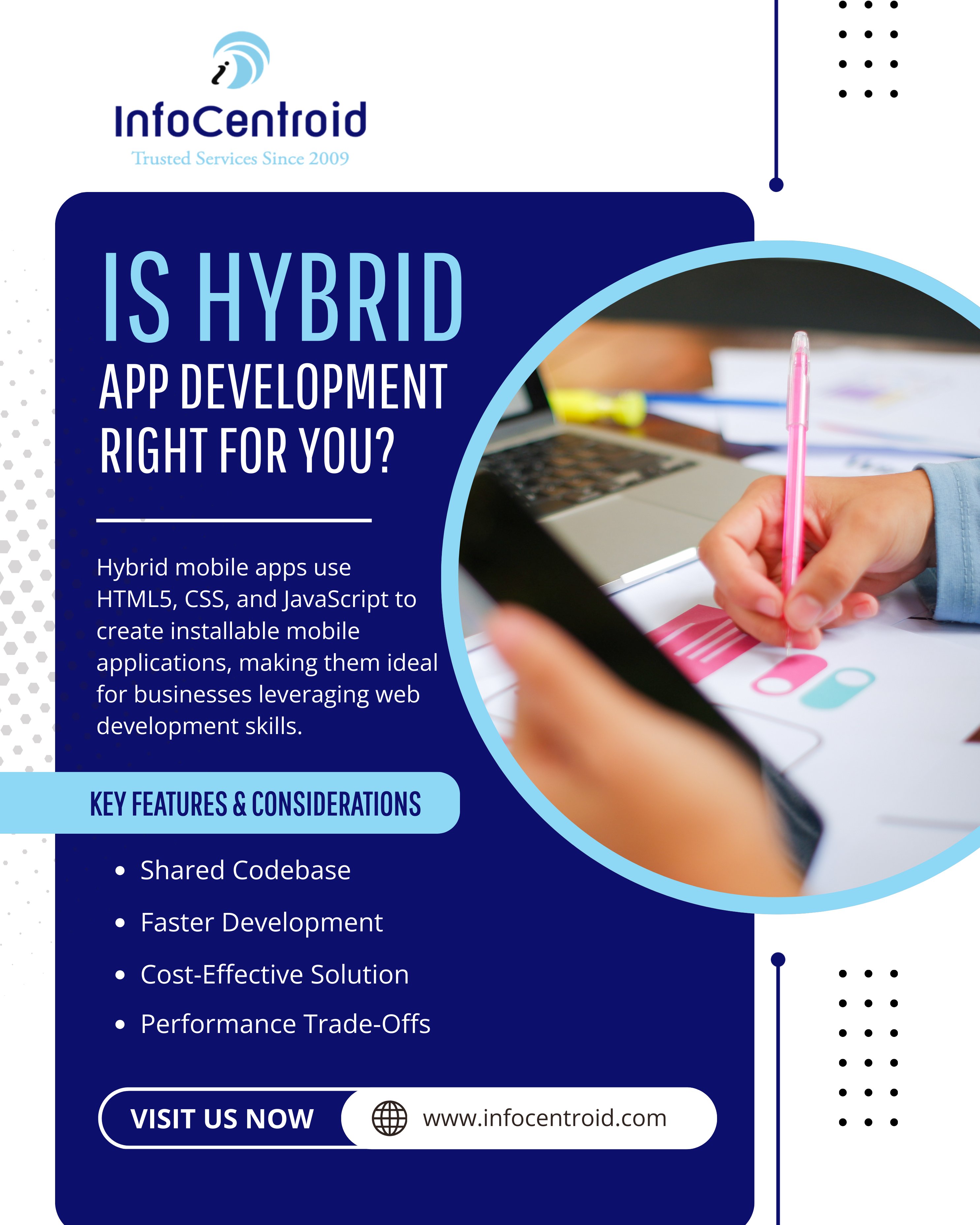 Informational graphic by InfoCentroid titled “Is Hybrid App Development Right for You?” highlighting hybrid app features like shared codebase, faster development, cost-effectiveness, and performance considerations, alongside a visual of a professional designing a mobile app interface.