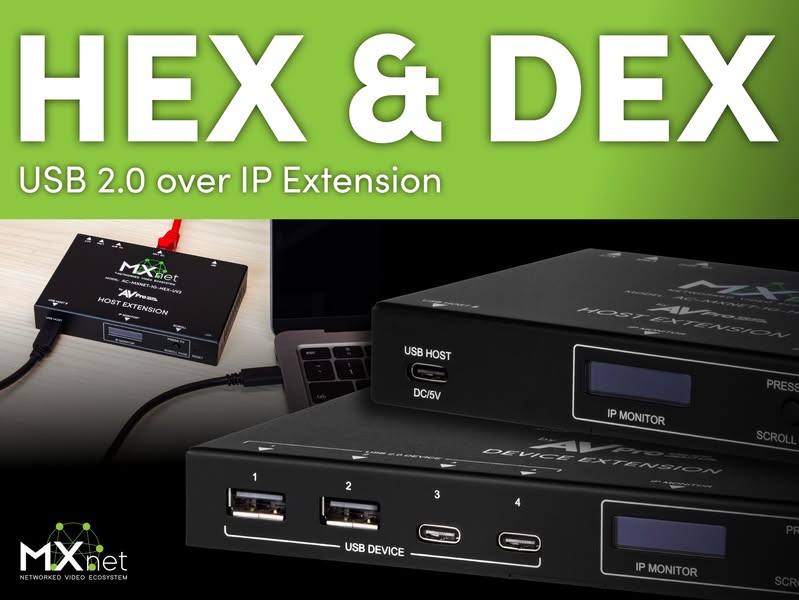 HEX and DEX USB over IP extenders for the AVProedge MXNet system, available from AVProedge