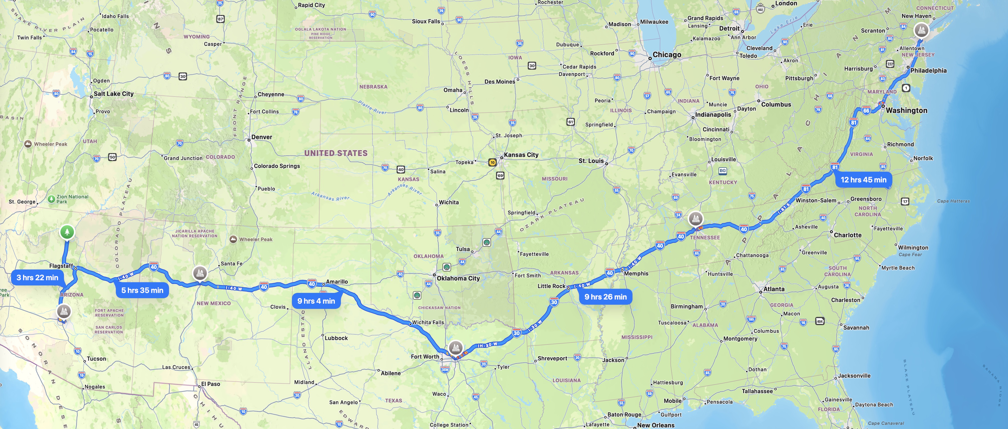 Route map showing a cross‑country road trip from Washington, D.C., heading southwest through Tennessee and Texas to Arizona with multiple drive-time segments.