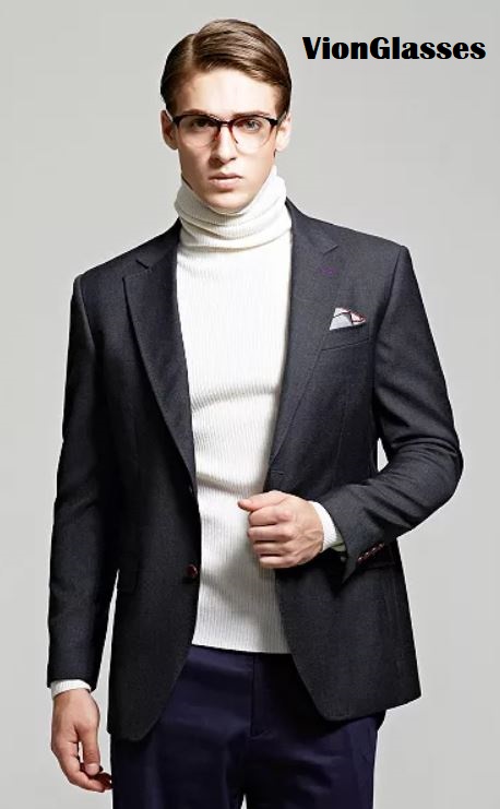 Man with two toned black-clear Korean eyeglasses, lightweight frame and blue light blocking lenses, modern men’s prescription glasses by VionGlasses