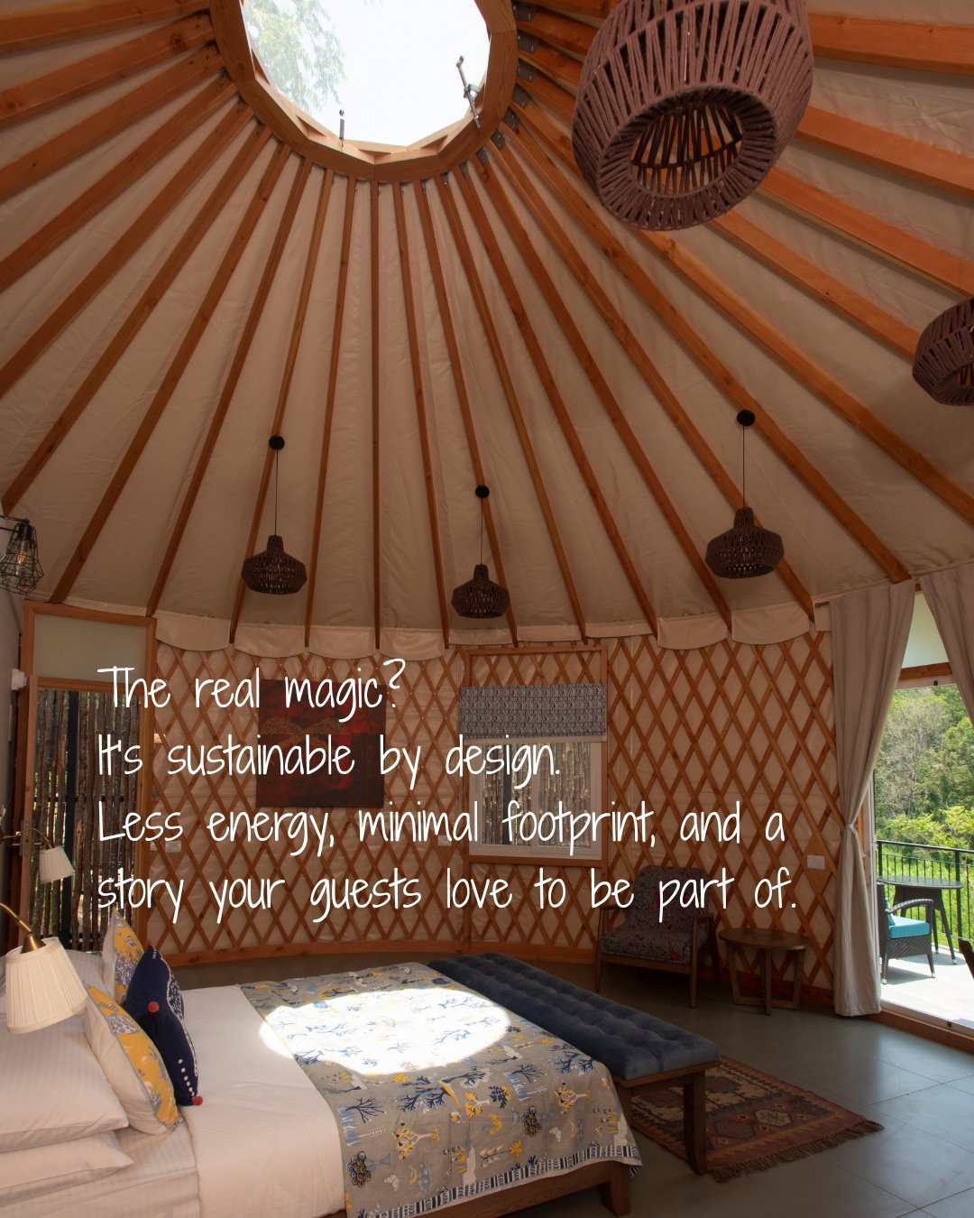 Interior view of a cozy yurt with wooden beams radiating from a central skylight and natural light filling the space.