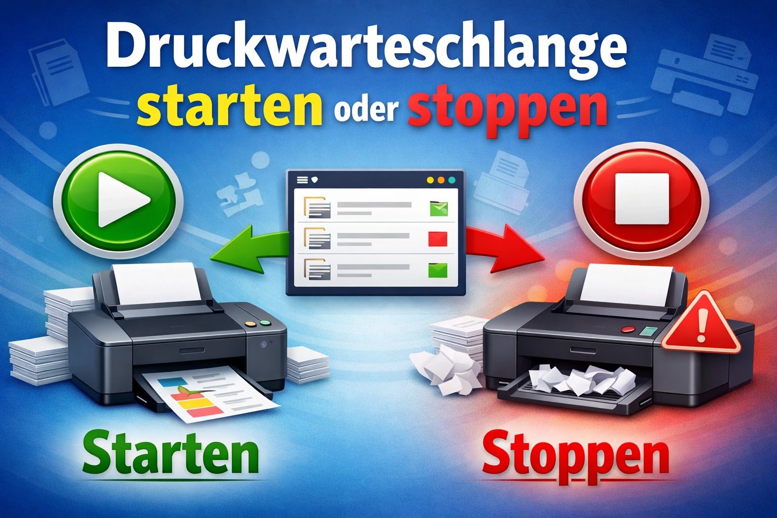 Druckerprobleme gehören zu den nervigsten PC-Fehlern – besonders dann, wenn ein Druckauftrag plötzlich hängen bleibt oder gar nichts mehr gedruckt wird. In den meisten Fällen liegt die Ursache nicht am Drucker selbst, sondern an der Druckwarteschlange. Genau hier hilft es, die Druckwarteschlange starten oder stoppen zu können.
In diesem Beitrag erkläre ich praxisnah, warum Druckprobleme entstehen, wie Sie die Druckerschlange anzeigen, blockierte Aufträge entfernen und den Spooler der Druckwarteschlange richtig neu starten.
