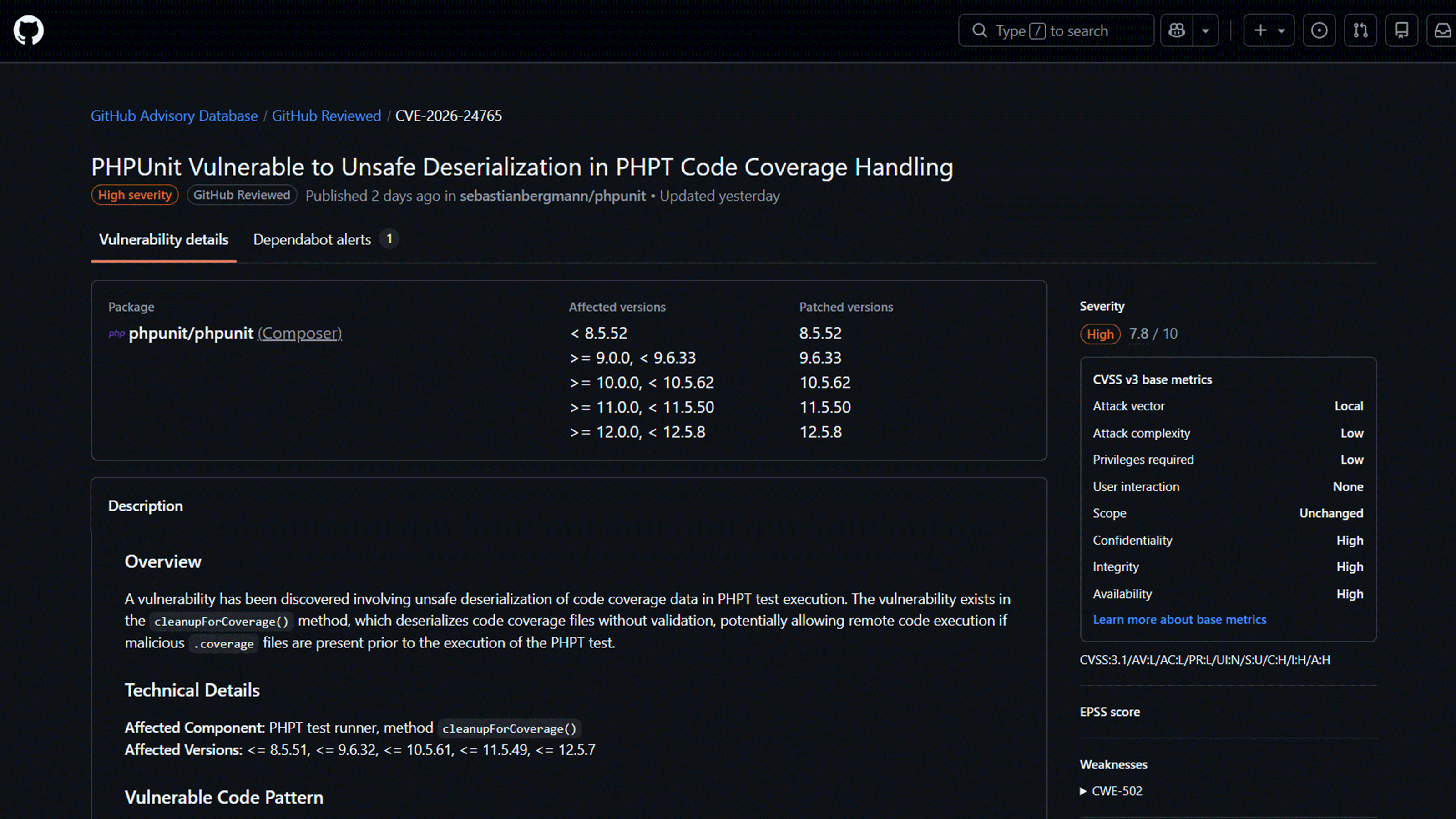 Screenshot of GitHub Security Advisory for CVE-2026-24765 showing a high-severity PHPUnit vulnerability related to unsafe deserialization in PHPT code coverage handling, including affected and patched versions.