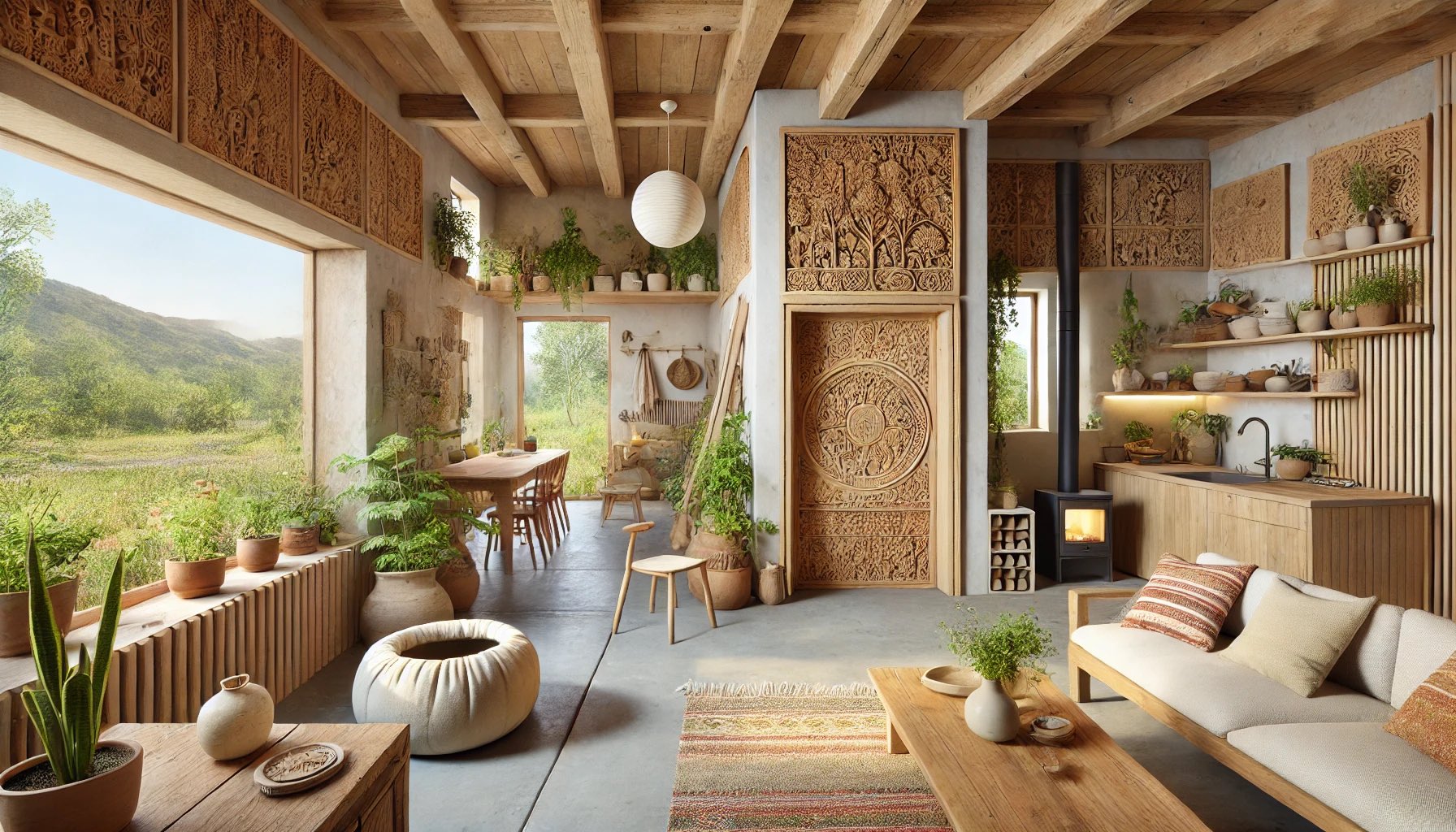 A Post-Tech Sanctuary interior showcasing a living room with handmade furniture and indoor plants, a kitchen with clay pottery and a wood-fired stove, and a bathroom with a natural wood bathtub and an indoor garden. A beautifully crafted wooden front door leads into the space