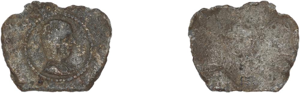 Picture of an irregularly shaped lead object with one side showing a draped bust of Julia Domna right within a dotted border, and the other side blank.