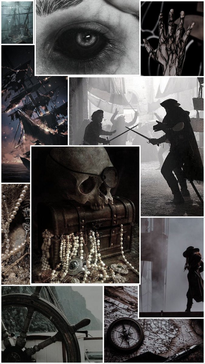 A mood board for a pirate story, featuring images of a helm, sinking ships, treasure, a skull, a map, two people sword-fighting, a hand covered in black veins, and a close-up of someone's eye filled in black.