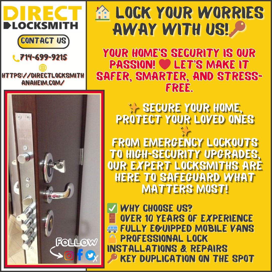 👇 | Contact us at:
☎ | 714-699-9215
🌐 | Visit https://directlocksmithanaheim.com