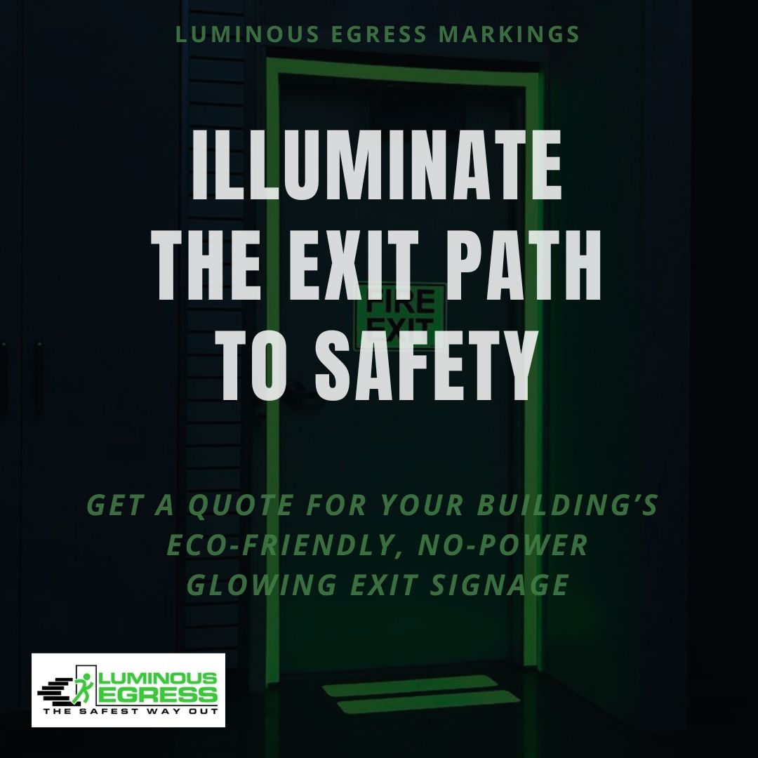 Graphic of glowing doorway from Luminous Egress, which designs and installs glowing illuminating exit pathway signage and markings for building emergency exit routes. Copyright 2024 Luminous Egress, All Rights Reserved.