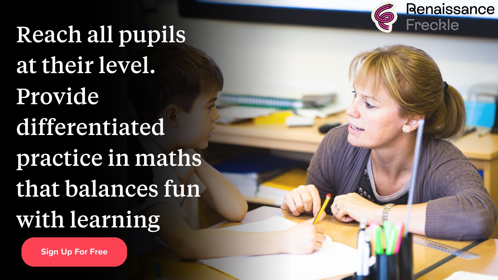 Promotional image featuring a teacher and a student engaged in a math lesson using Renaissance Freckle, emphasizing personalized learning that blends enjoyment with education. A sign-up button invites users to join for free.