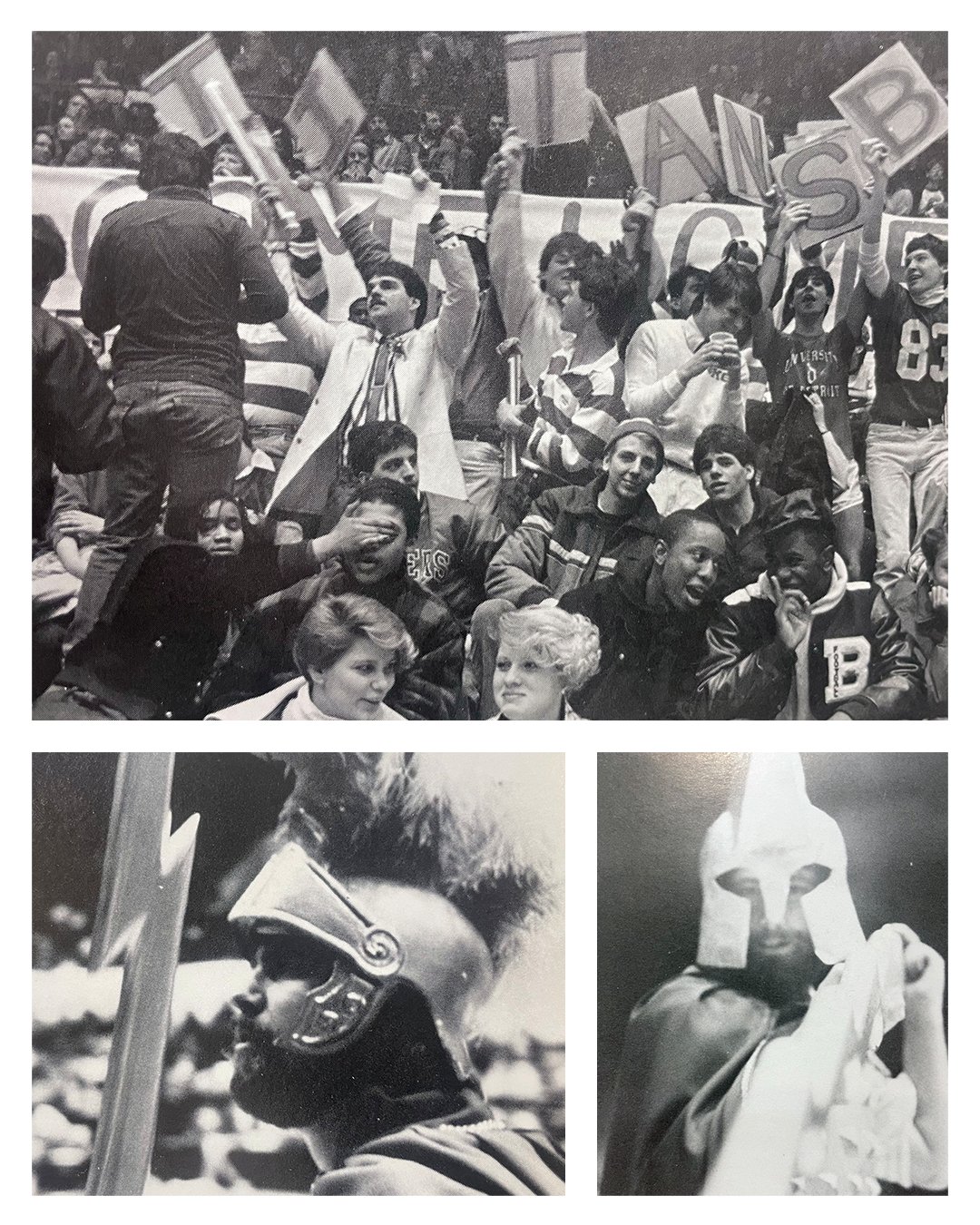 Three black and white photos showcase Titans fans in Calihan Hall, and two images of Tommy Titan.