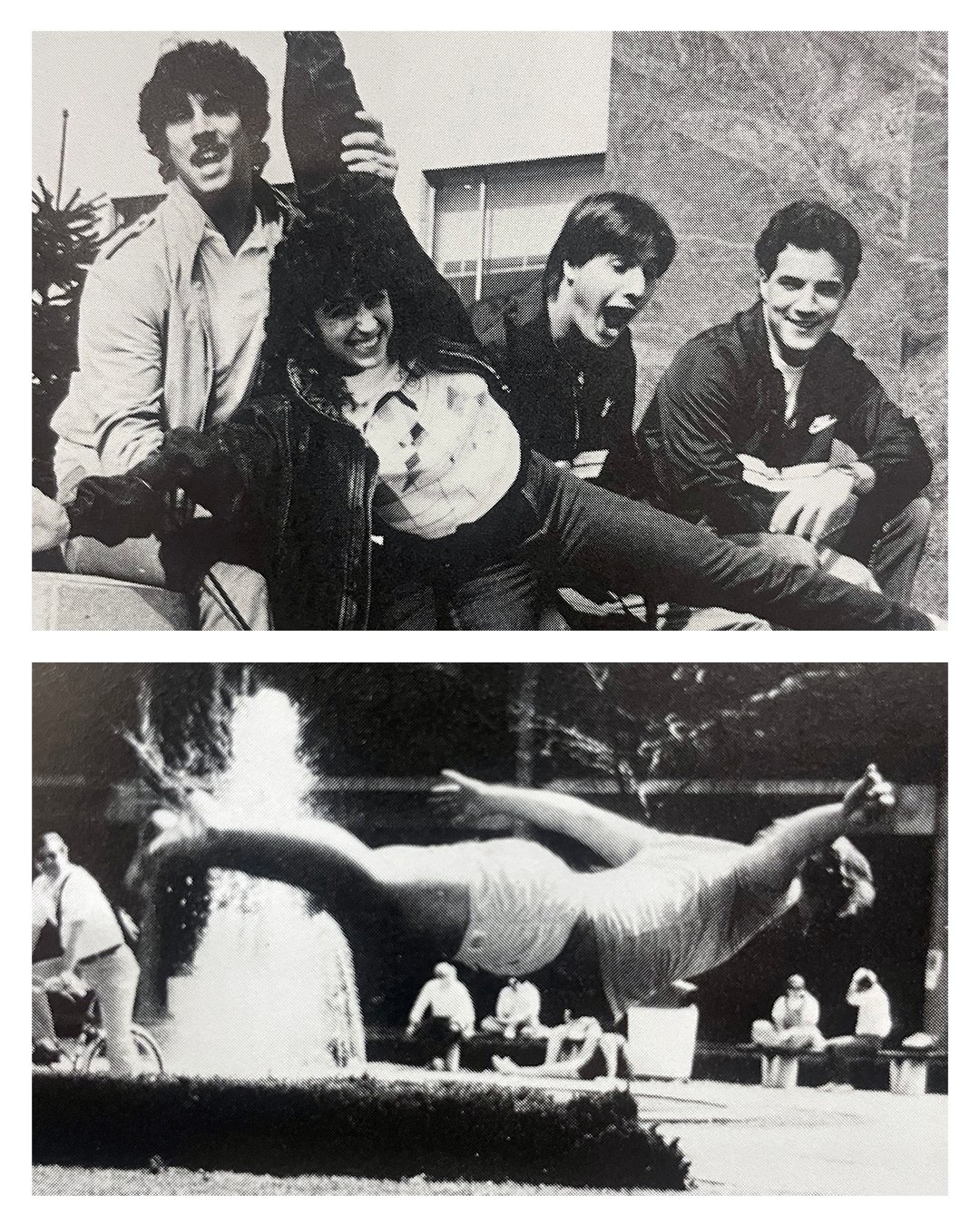 Two black and white photos showcase five students outdoors on the McNichols Campus.