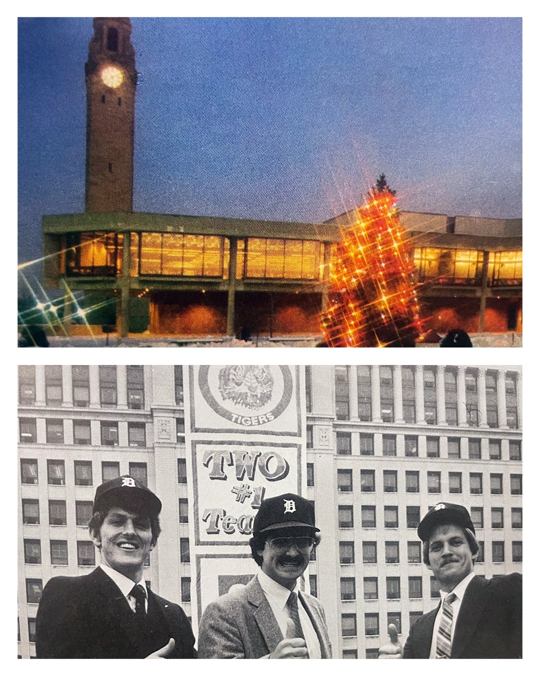 Two photos showcase the clock tower with Christmas tree at the top and the black and white one at the bottom has three people posing for a picture with Detroit Tigers hats on in front of a large building and sign.