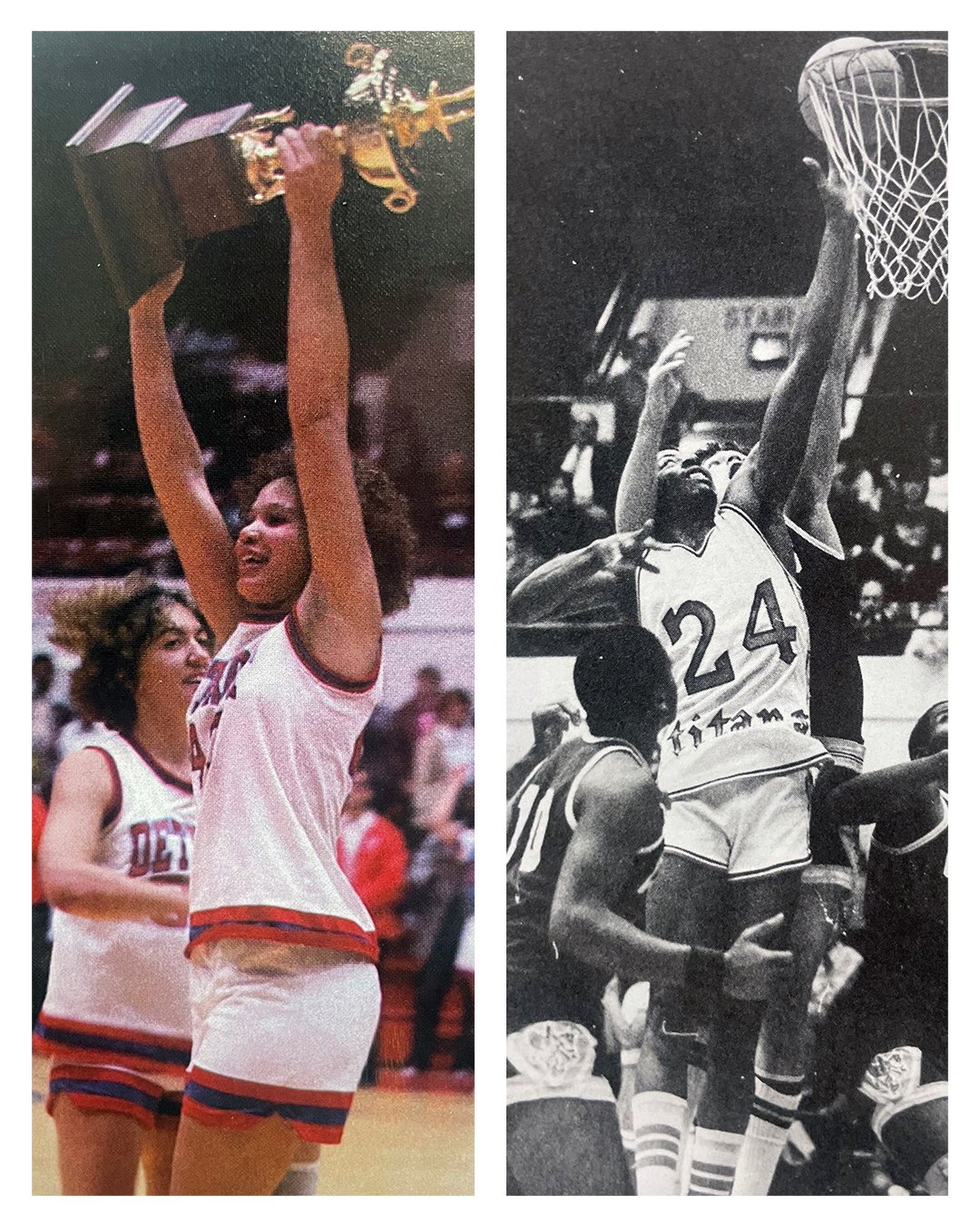 Two photos showcase women's basketball student-athletes, one holding a trophy on the left, and a men's basketball student-athlete going up for a bucket in a No. 24 Titans jersey on the right.