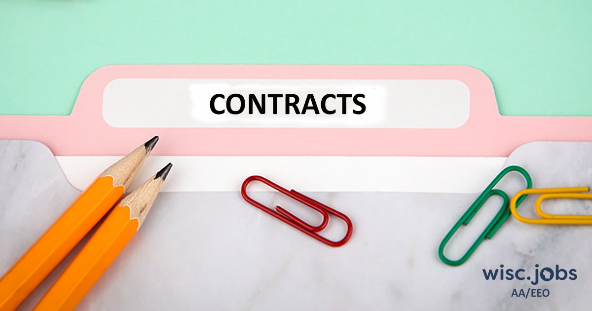 Image: Contract folder with pencils and paper clips; Wisc.Jobs AA/EEO