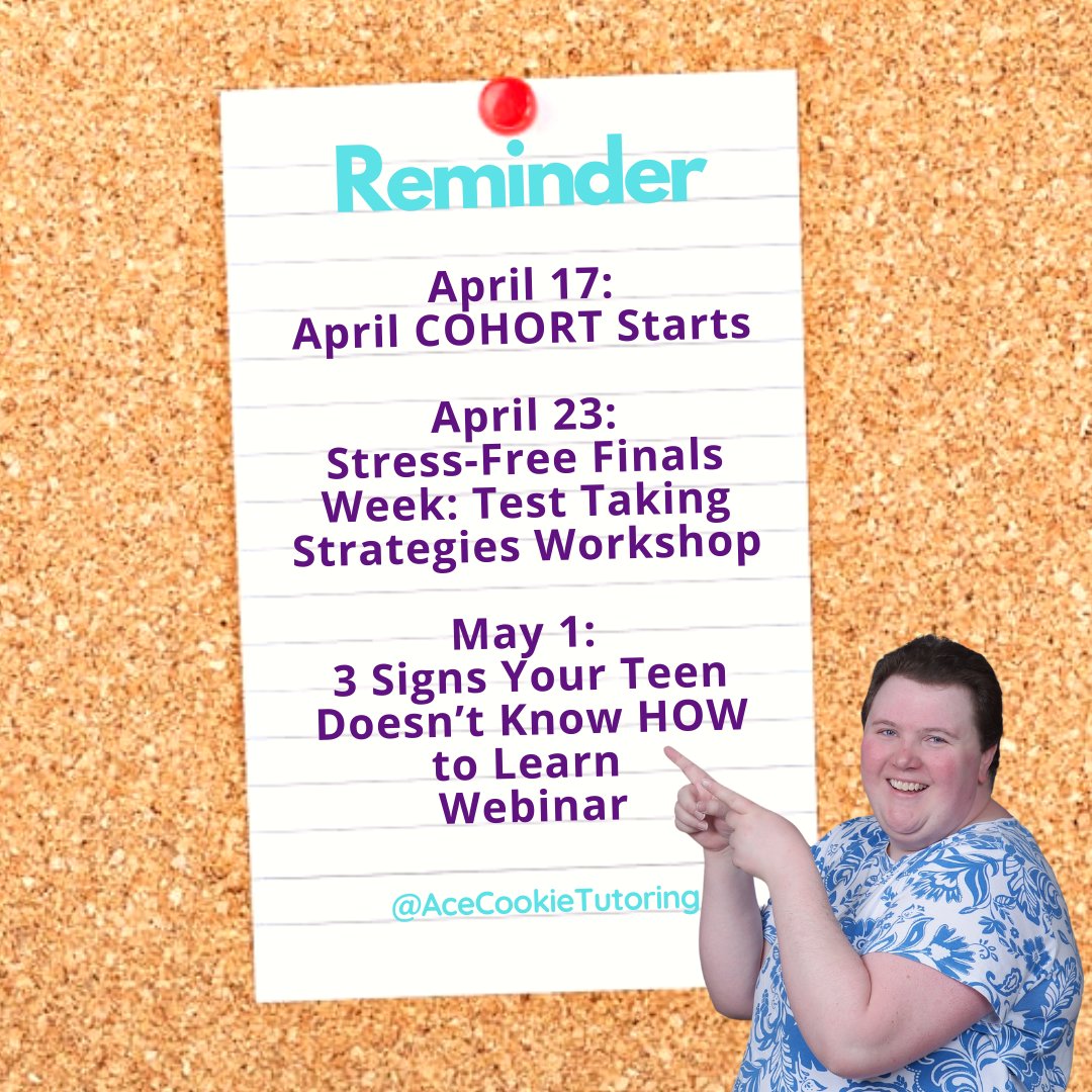 If your teen missed out on the Jan/Feb COHORT, here's your next chance. On April 17, the April COHORT starts with the study skill goal setting. 3 seats remain. If your child would like to learn HOW to learn alongside a small group of tweens, teens, and young adults, this is the perfect opportunity. The COHORT is fun and interactive - just ask the teens aleady in the program 🙂Enroll your teen in the April COHORT at: https://studywithjessy.thrivecart.com/march/

Worried about finals? Hoping for a stress-free finals week for you AND your teen? I have the answer! In just two hours, your teen can go from unsure what strategies to use on any test - unit test to cummulative finals - and suffering from test anxiety to feeling confident future tests will be a breeze. Help your teen's mind work for her, not against her, when you say "test" below. This 1 day workshop will be offered on April 23.
And finally, Mamas, attend a FREE webinar on May 1. 
