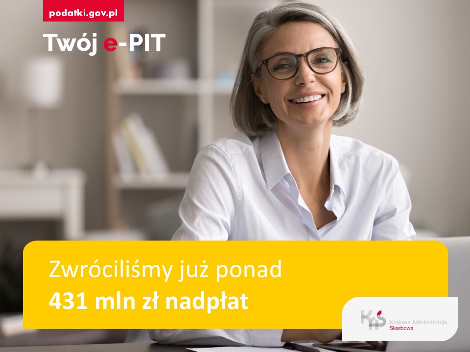 Uśmiechnięta kobieta. Obok napis "Zwróciliśmy już ponad 431 mln zł nadpłat"