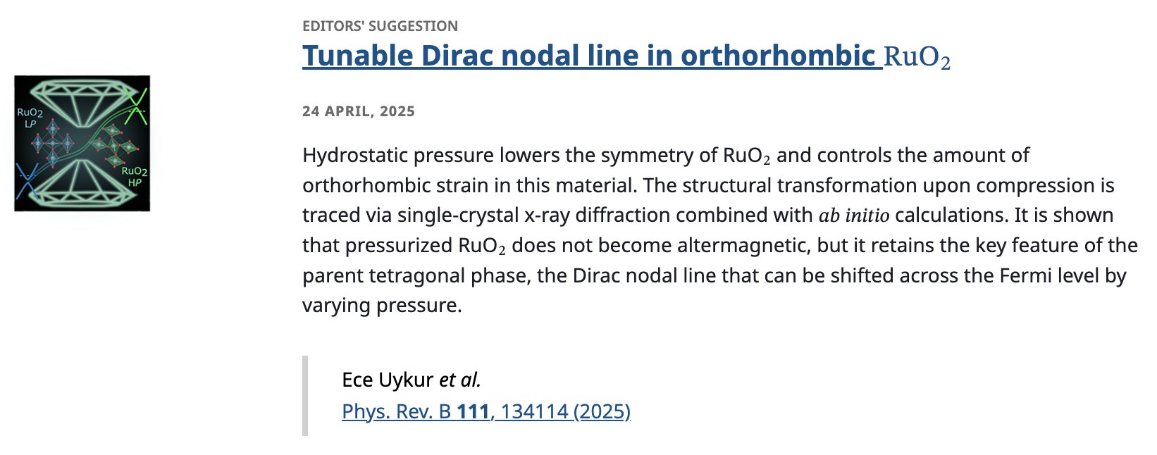 EDITORS' SUGGESTION
Tunable Dirac nodal line in orthorhombic RuO2
24 April, 2025
Hydrostatic pressure lowers the symmetry of RuO2 and controls the amount of orthorhombic strain in this material. The structural transformation upon compression is traced via single-crystal x-ray diffraction combined with 𝑎𝑏 𝑖𝑛𝑖𝑡𝑖𝑜 calculations. It is shown that pressurized RuO2 does not become altermagnetic, but it retains the key feature of the parent tetragonal phase, the Dirac nodal line that can be shifted across the Fermi level by varying pressure.

Ece Uykur et al.
Phys. Rev. B 111, 134114 (2025)