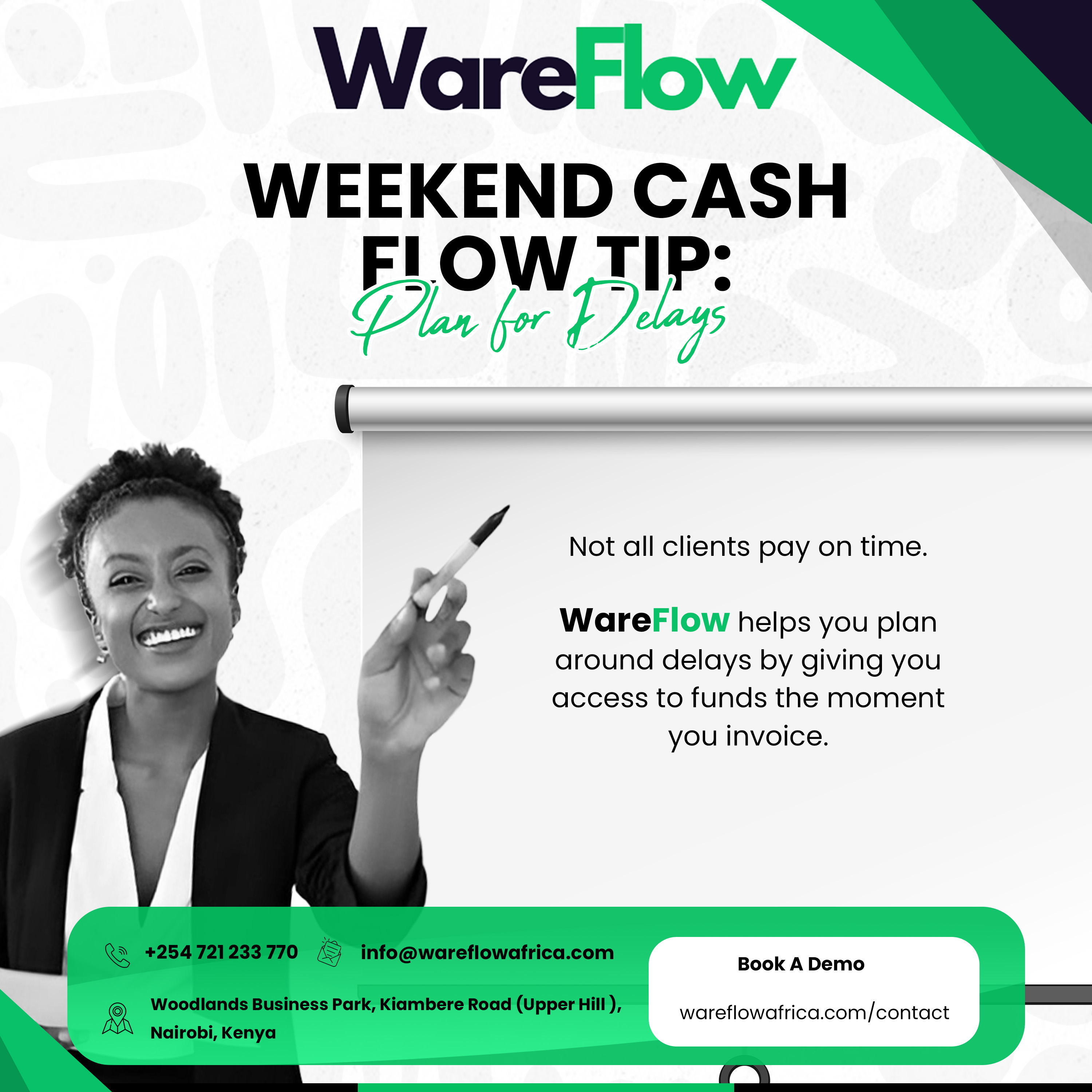 Your best business habit? Planning for the worst.
With WareFlow, late payments won’t slow you down, even on a Friday.
Call us: +254 721 233 770
Email us: info@wareflowafrica.com
Or
Book a free Demo here: https://wareflowafrica.com/contact
#BusinessFinance #FinancingKenya #InvoiceFinancing #invoiceFactoring #ReverseFactoring #CashFlowFinancing #SupplyChainFinancing #CashFlowSolutions #CashFlowMadeEasy #WareFlow #WareFlowIt #WeekendTips #CashFlowPlanning #WareFlowWorks