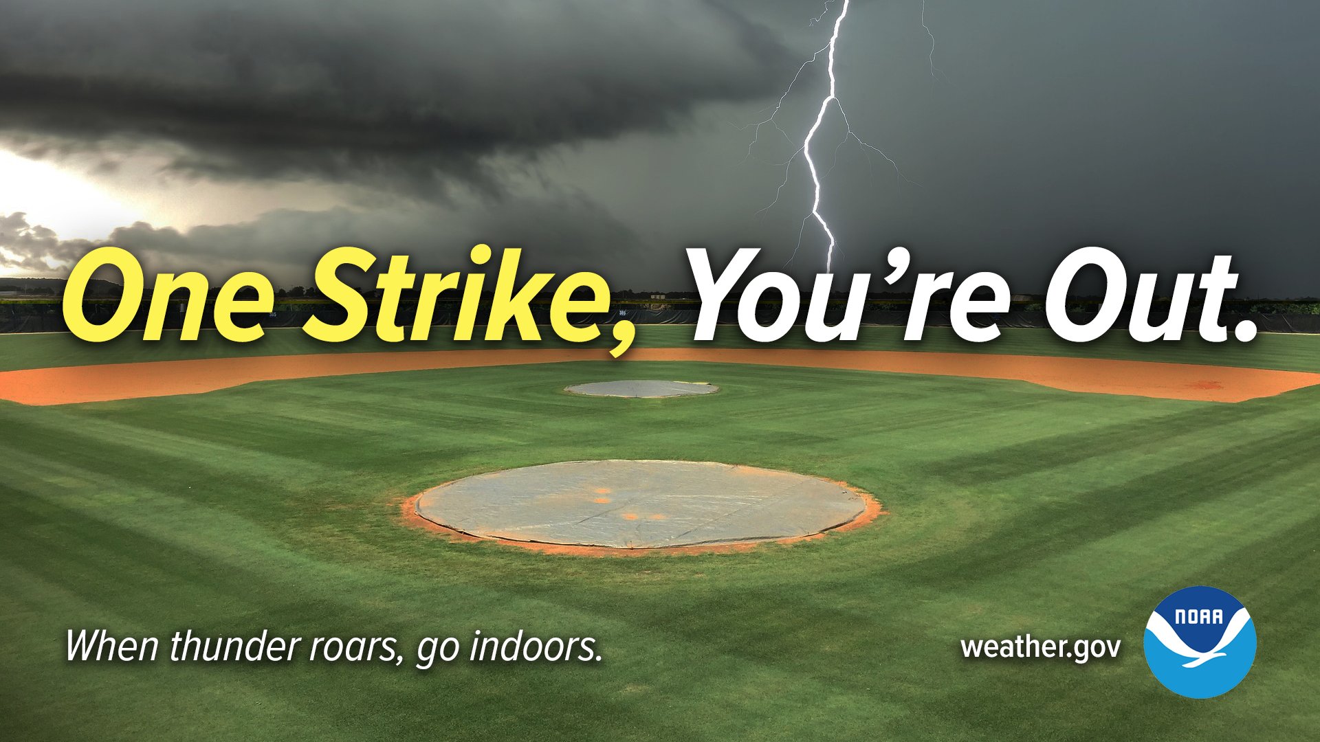One Strike, You're Out. When thunder roars, go indoors. Pictured: lightning striking near a baseball field.
