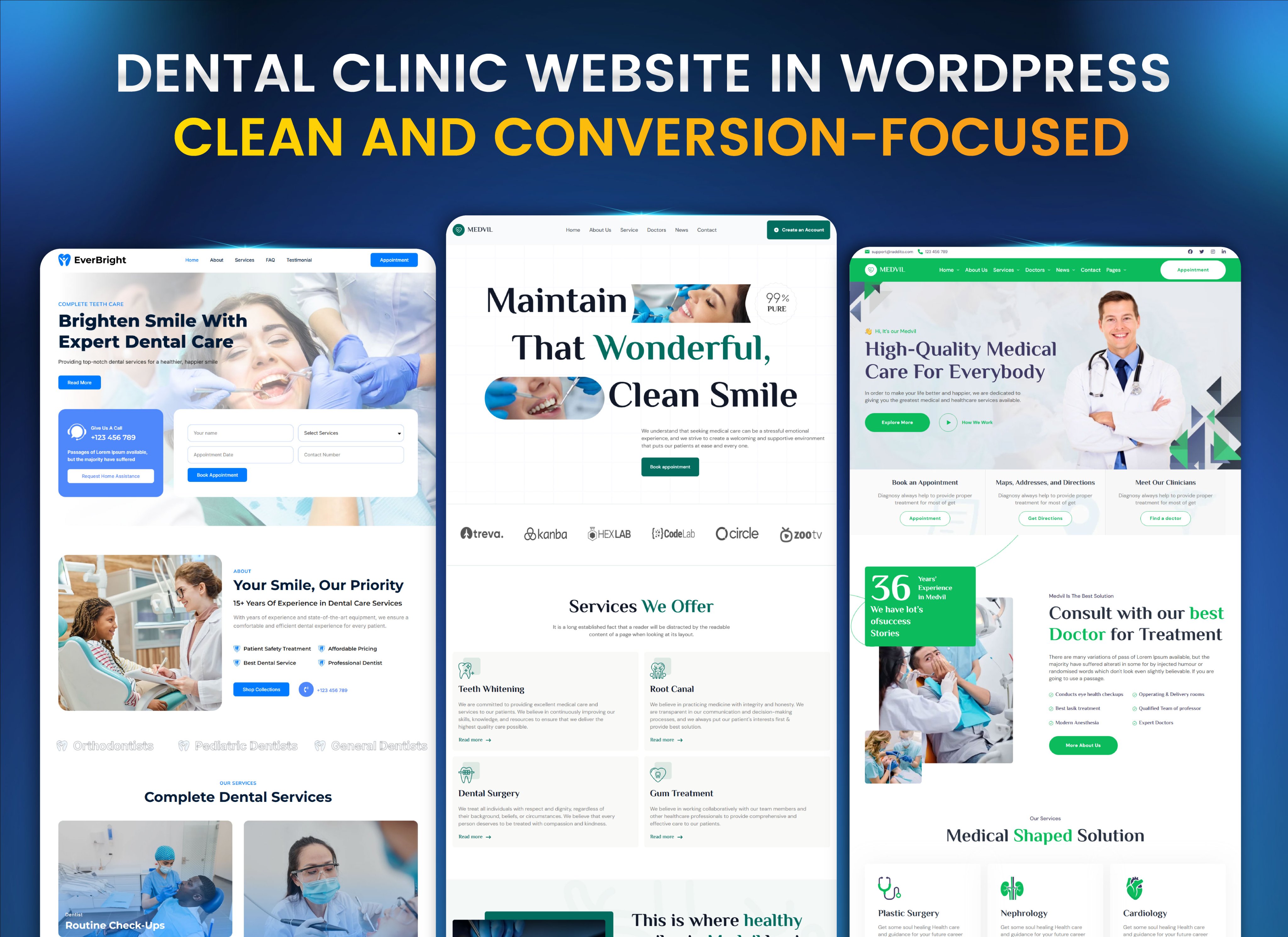 Three-screen mockup display of dental clinic websites in WordPress with the headline 'Clean and Conversion-Focused' showing EverBright and two Medvil variations.