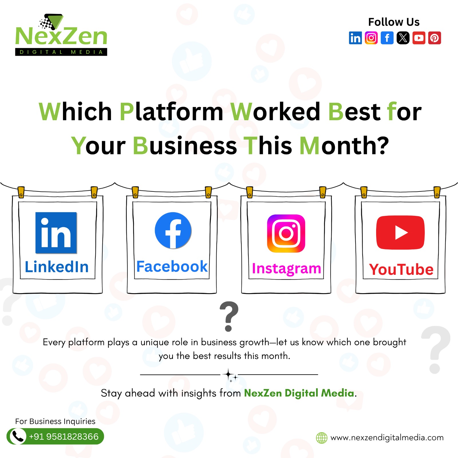 Your Business. Your Platform. Your Growth.

Every business has its favorite stage—and every platform tells a different story. 📊
At NexZen Digital Media, we’re curious to know:
Which platform helped your business grow the most this month—LinkedIn, Facebook, Instagram, or YouTube?

Let’s spark a conversation and learn from each other. Drop your vote or share your experience in the comments! 💬
Because in digital growth, every insight counts.
📞 Call us at: +91 95 81 82 83 66
📧 Email: contact@nexzendigitalmedia.com
🌐 Visit: www.nexzendigitalmedia.com

#NexZenDigitalMedia #PlatformPerformance #BusinessGrowth #SocialMediaMarketing #DigitalStrategy #MarketingInsights #EngagementMatters #OnlineGrowth #MarketingPoll #BusinessSuccess #LinkedInMarketing #FacebookAds #InstagramGrowth #YouTubeMarketing #SocialTrends #GrowWithUs #DigitalExperts #MarketingCommunity #PollTime #VoteNow