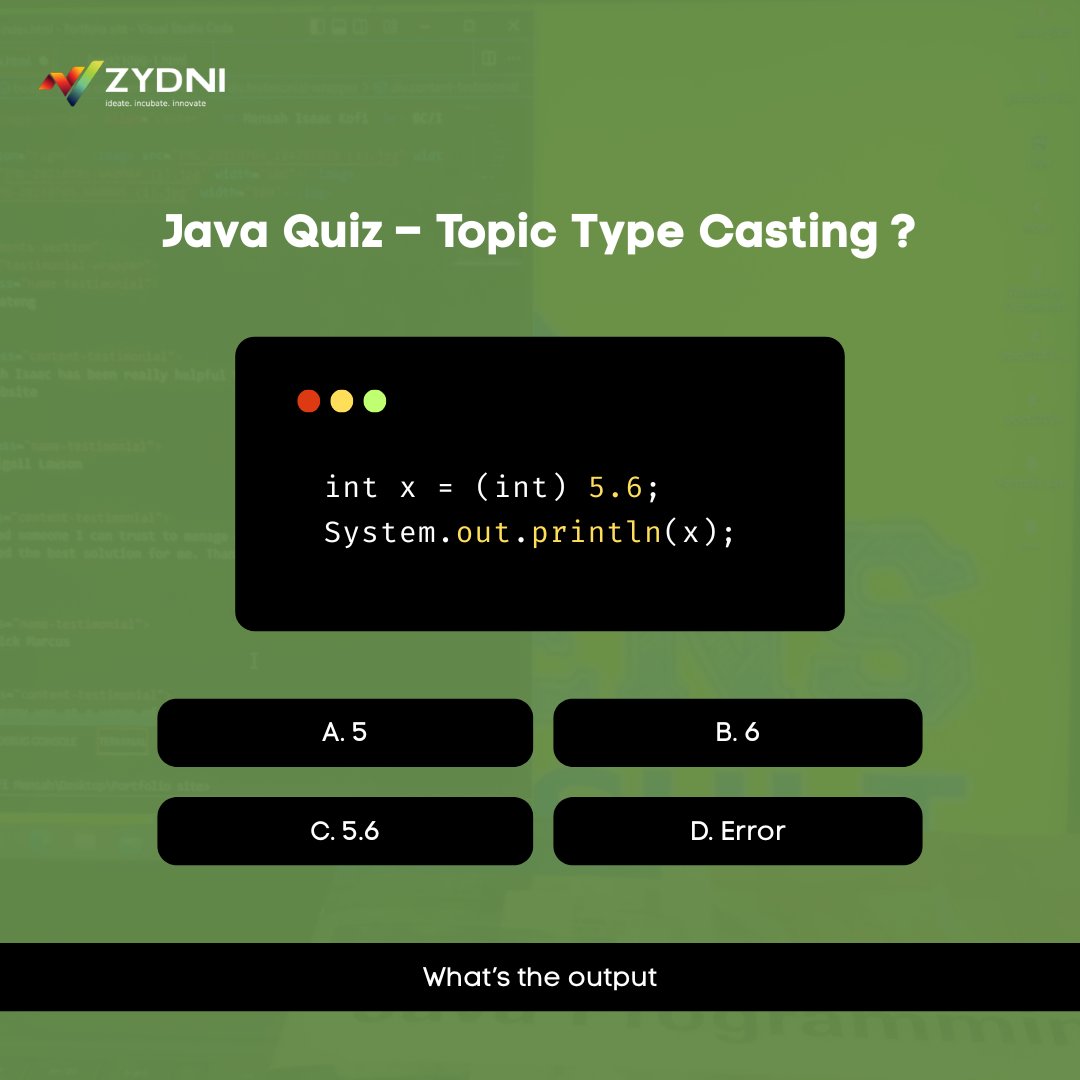 💡 Hint: How does Java handle casting from double to int?

What’s your answer?
Share it below and tell us why! 👇
#Java #ProgrammingQuiz #TypeCasting #CleanCode #DeveloperCommunity
