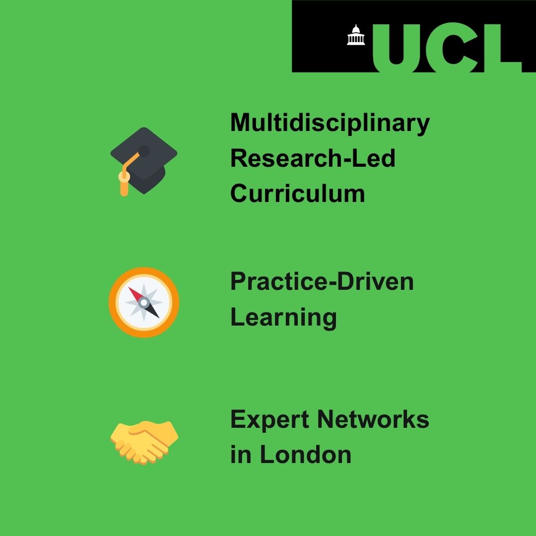UCL graphic listing: Multidisciplinary Research-Led Curriculum, Practice-Driven Learning, and Expert Networks in London, with relevant icons on a green background.