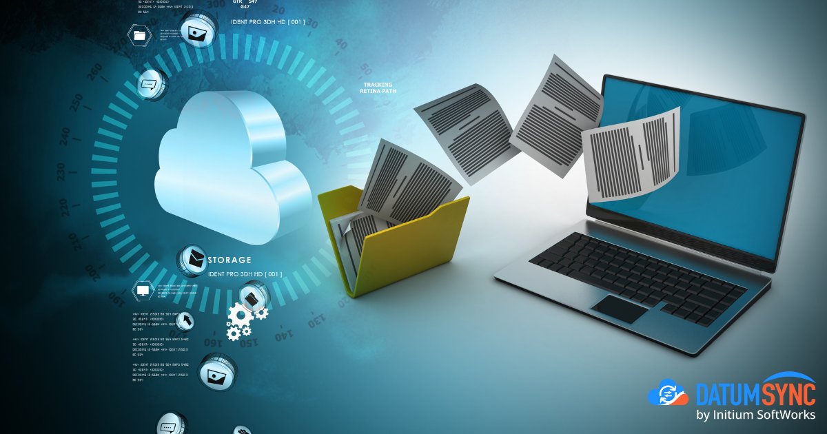 Computer with paper files going into it from a folder with a cloud next to it representing cloud storage & data migration solutions. DatumSync by Initium SoftWorks logo in bottom right corner.