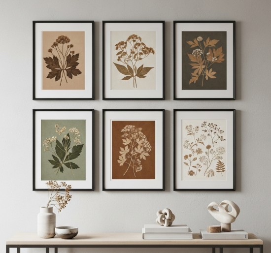 A gallery wall with six framed art prints in matching black frames and similar color palettes, creating a cohesive and visually balanced display in a contemporary room.