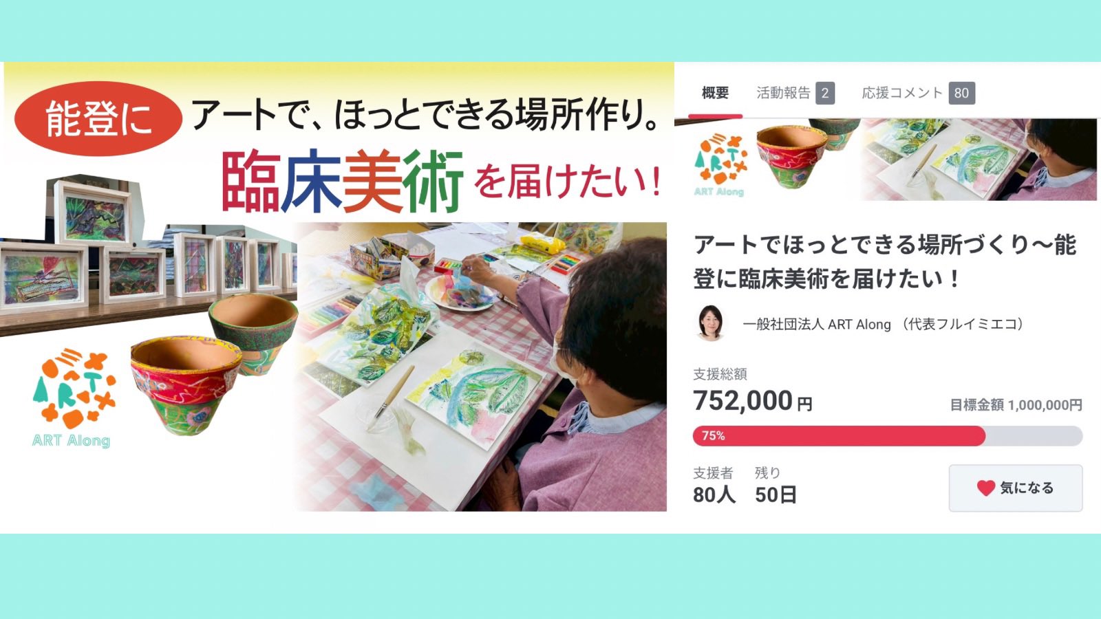 「能登にアートで、ほっとできる場所作り。臨床美術を届けたい！」というメッセージが大きく表示されたクラウドファンディングのビジュアル。左側には、カラフルなアート作品（額に入った絵画や描かれた植木鉢）と、アート制作中の女性の写真。
右側には、クラウドファンディングページの情報があり、プロジェクト名は「アートでほっとできる場所づくり〜能登に臨床美術を届けたい！」
主催は「一般社団法人 ART Along（代表 フルイミエコ）」
支援総額は752,000円で、目標金額1,000,000円のうち75%を達成。支援者は80人、残り日数は50日と表示されている。