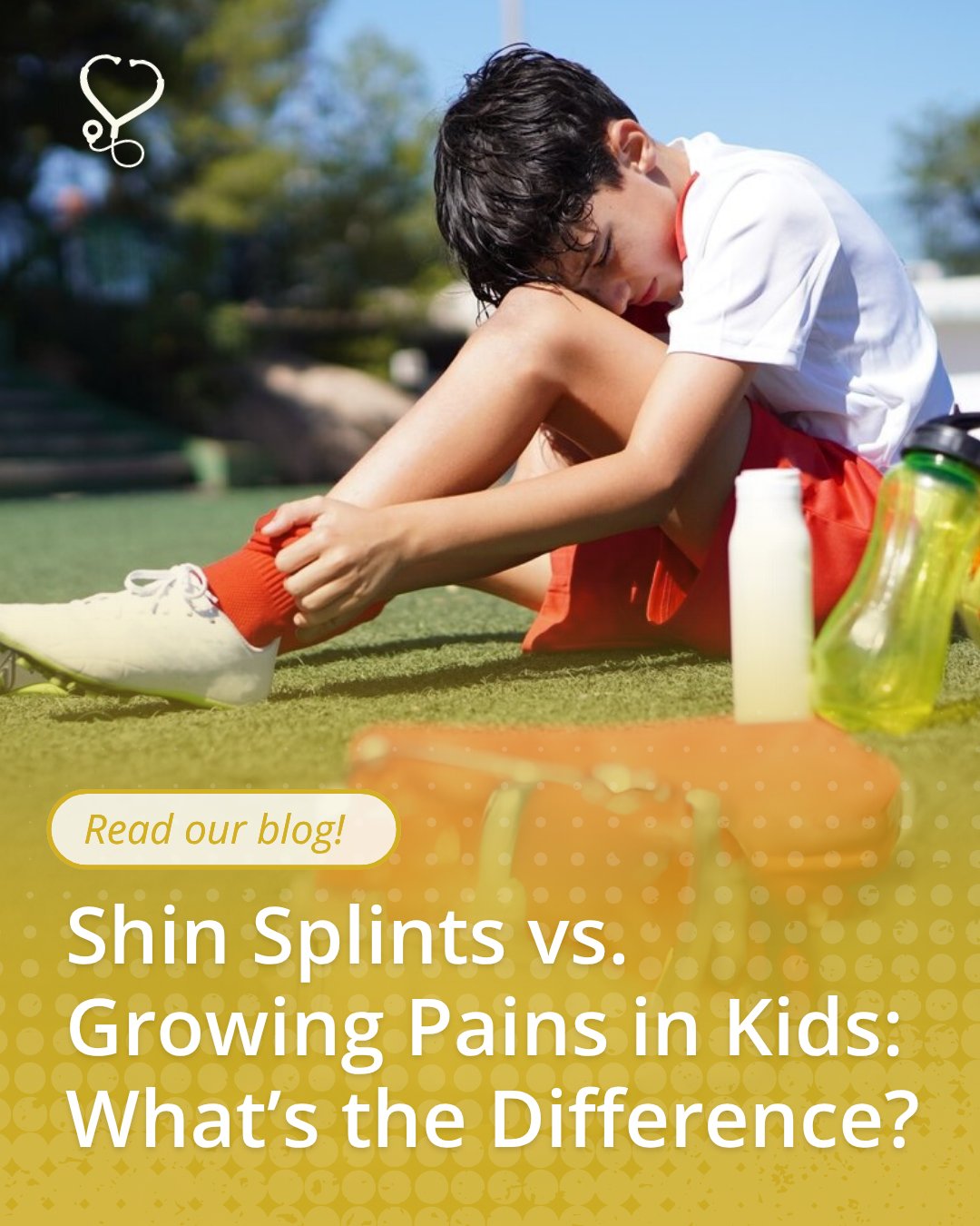 A person sitting on grass, tying their shoe next to a water bottle, with text reading "Read our blog! Shin Splints vs. Growing Pains in Kids: What's the Difference?