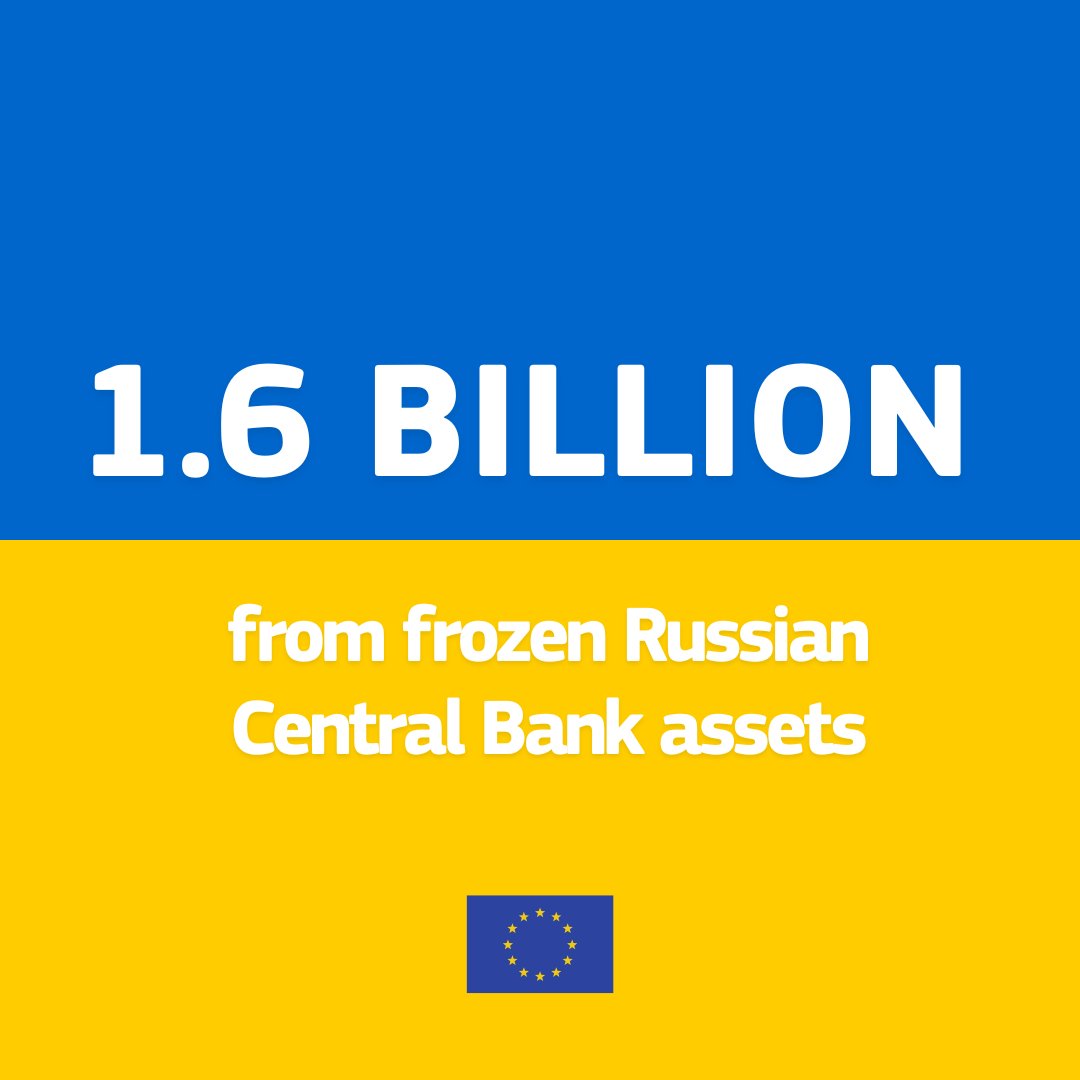 Graphic showing '1.6 billion from frozen Russian Central Bank assets' in blue and yellow.
