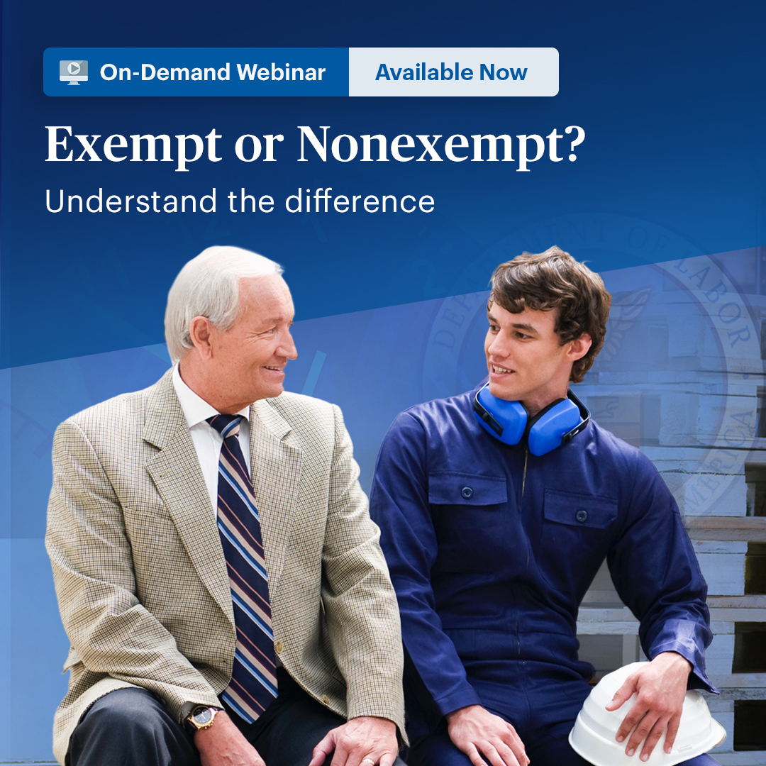 Promotional image for an on-demand webinar titled 'Exempt or Nonexempt? Understand the difference'. Features two individuals, one in business attire and the other in work overalls, sitting and interacting on steps, with a construction helmet placed nearby.