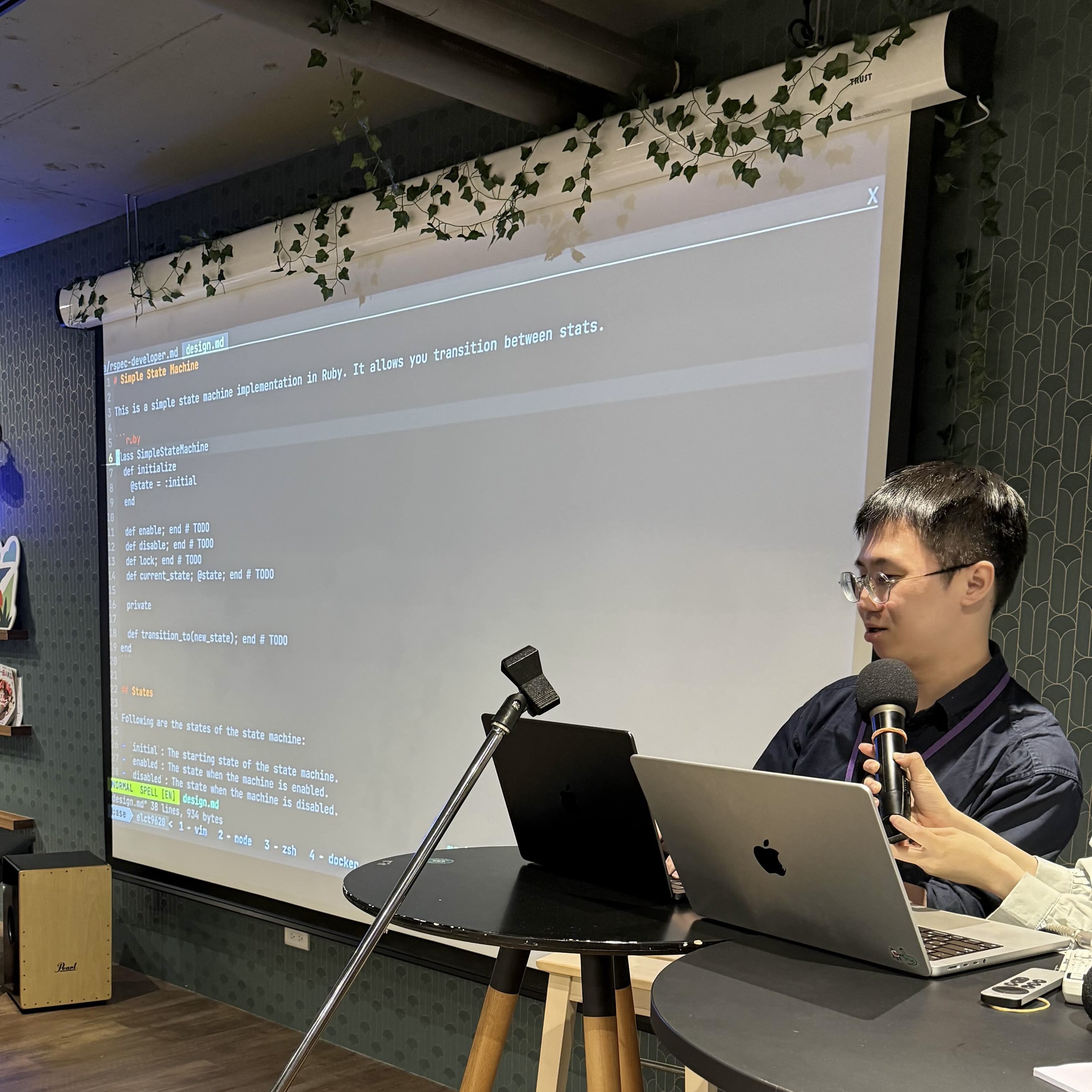 During free sharing time, @elct9620 demoed his AI-driven workflow for Ruby on stage.