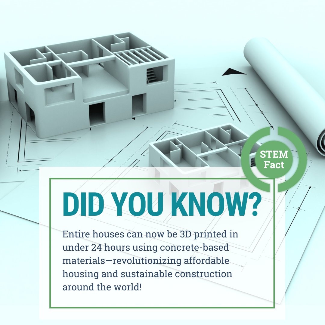 Background image of an architectural blueprint with 3-D printed home models sitting on top. At the bottom is a white translucent box with an inner green outline, and the white SGA target in the top right corner with the words “STEM Fact” in green. In teal blue words, “DID YOU KNOW?”, and in a smaller serif font reads, “Entire houses can now be 3D printed in under 24 hours using concrete-based materials—revolutionizing affordable housing and sustainable construction around the world!”