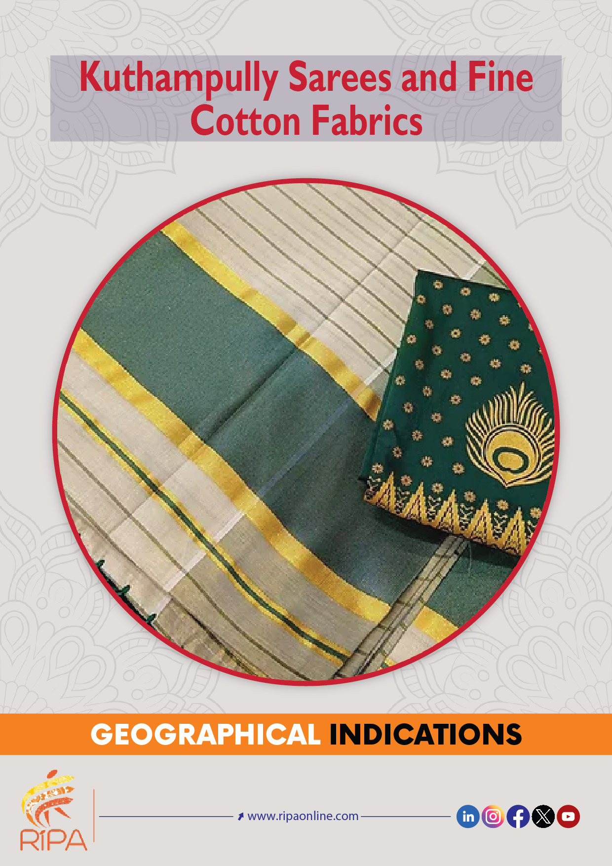 Kuthampully sarees feature handwoven fine cotton with golden zari borders, reflecting Kerala’s timeless weaving traditions and understated elegance.