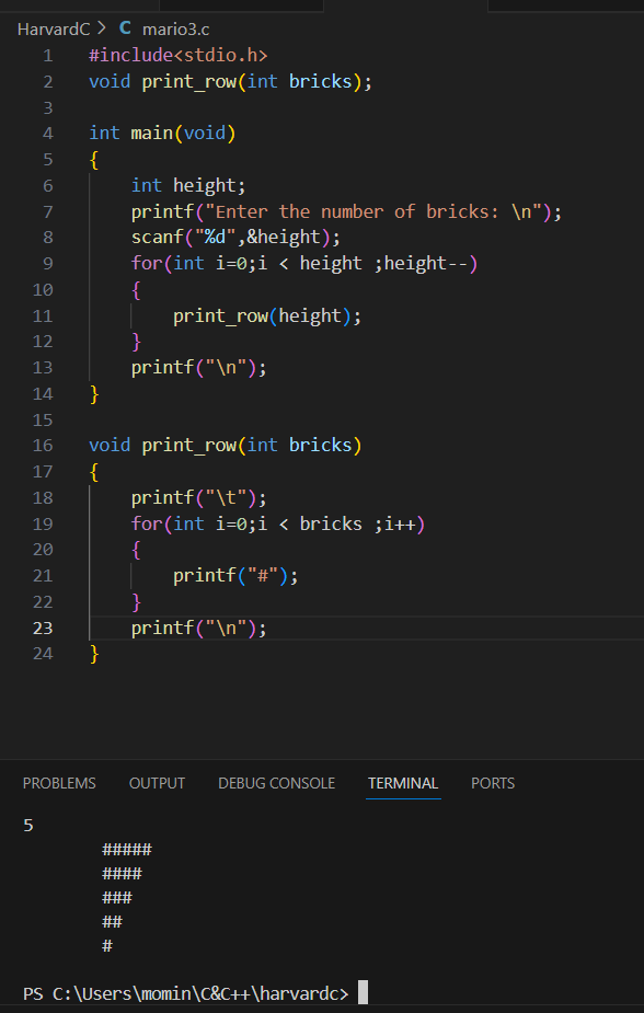 A screenshot of C code in a text editor. The code attempts to print a pyramid of hash symbols, and the terminal output shows a left-aligned, inverted pyramid.