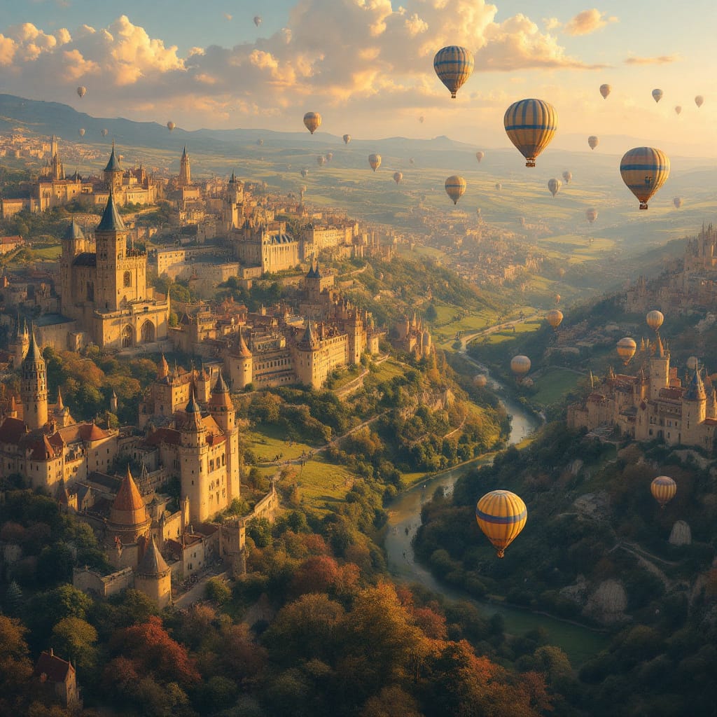 A sweeping aerial view of a picturesque valley with majestic castles, vibrant autumn foliage, and colorful hot air balloons in the sky.
