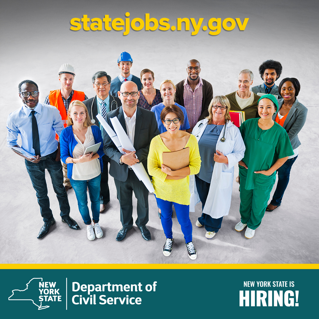 statejobs.ny.gov. a photo of a diverse group of people smiling at the camera. 