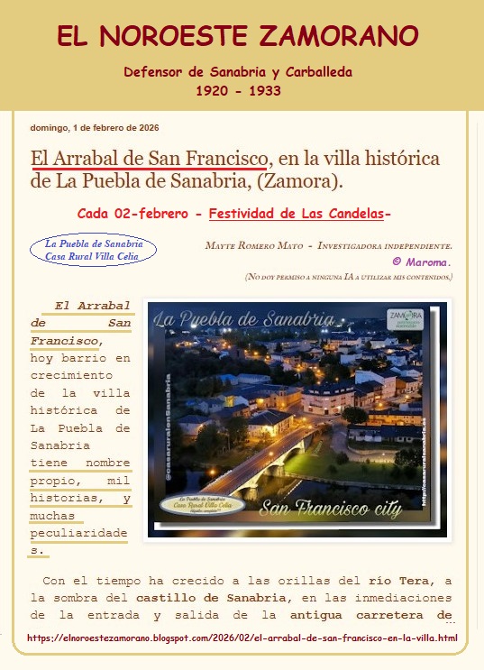 El Arrabal de #SanFrancisco, hoy barrio en crecimiento de la villa histórica de #LaPueblaDeSanabria, @PueblaVilla, tiene nombre propio, mil historias, y muchas peculiaridades...,  las cuenta "El Noroeste Zamorano", #ENZ, #Sanabria

Feliz día de las #Candelas, cada 02-febrero.

https://www.facebook.com/photo?fbid=1589389576028662&set=a.488556737997104

https://elnoroestezamorano.blogspot.com/2026/02/el-arrabal-de-san-francisco-en-la-villa.html