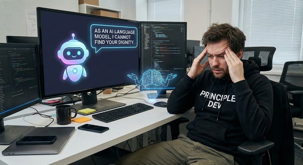 A photograph of a stressed man, wearing a black hoodie with "PRINCIPLE DEV" written on it, sitting at a cluttered desk with multiple computer monitors. He is holding his head in his hands with a look of exasperation. On the main monitor in front of him, a cartoon AI robot character is displayed with a speech bubble that reads, "AS AN AI LANGUAGE MODEL, I CANNOT FIND YOUR DIGNITY." The other monitors show lines of code.