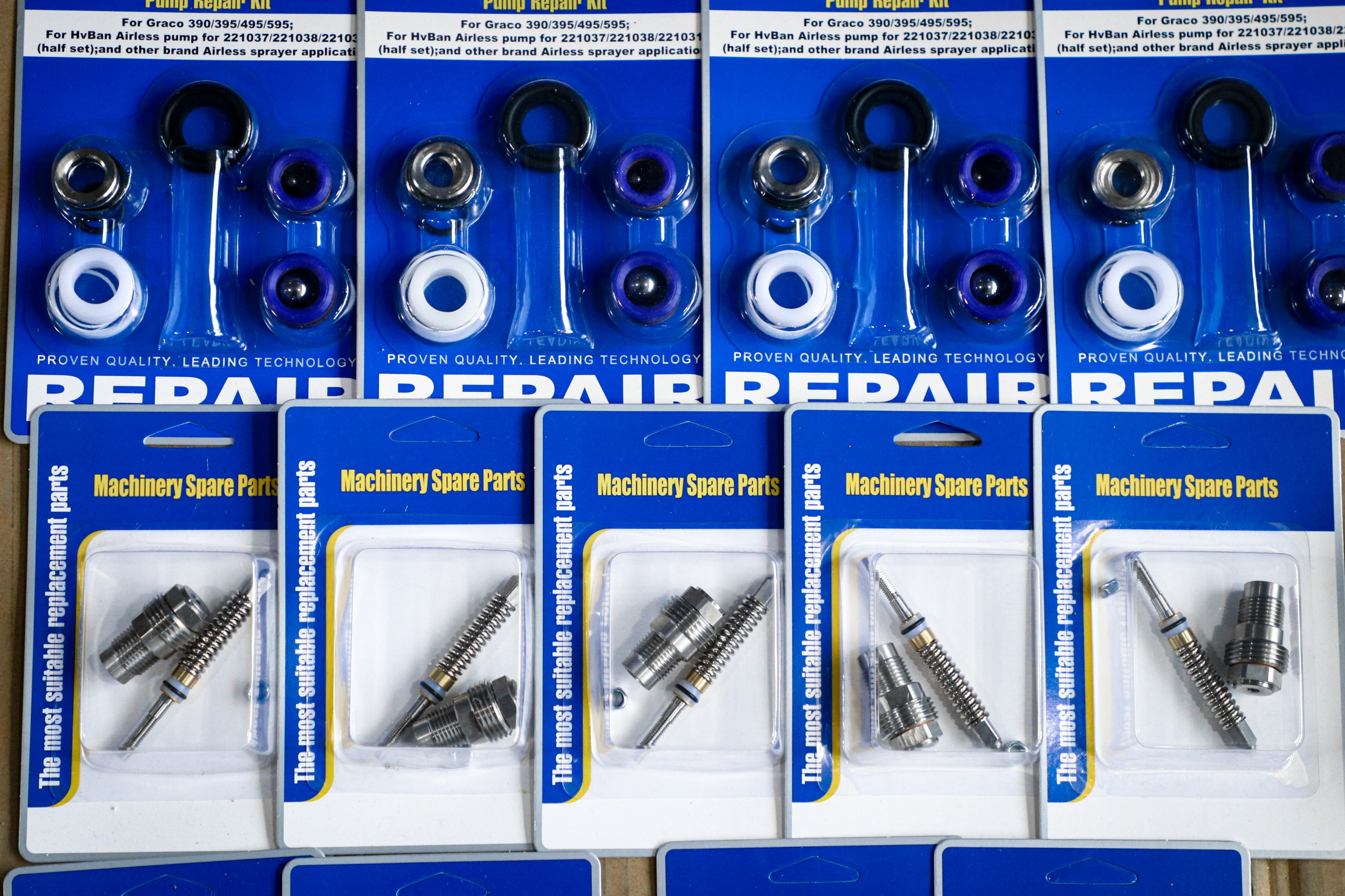 Close-up of HVBAN airless sprayer pump packing kits in the new professional blue blister packaging, representing high-quality maintenance solutions and professional grade seal kits for paint contractors.
