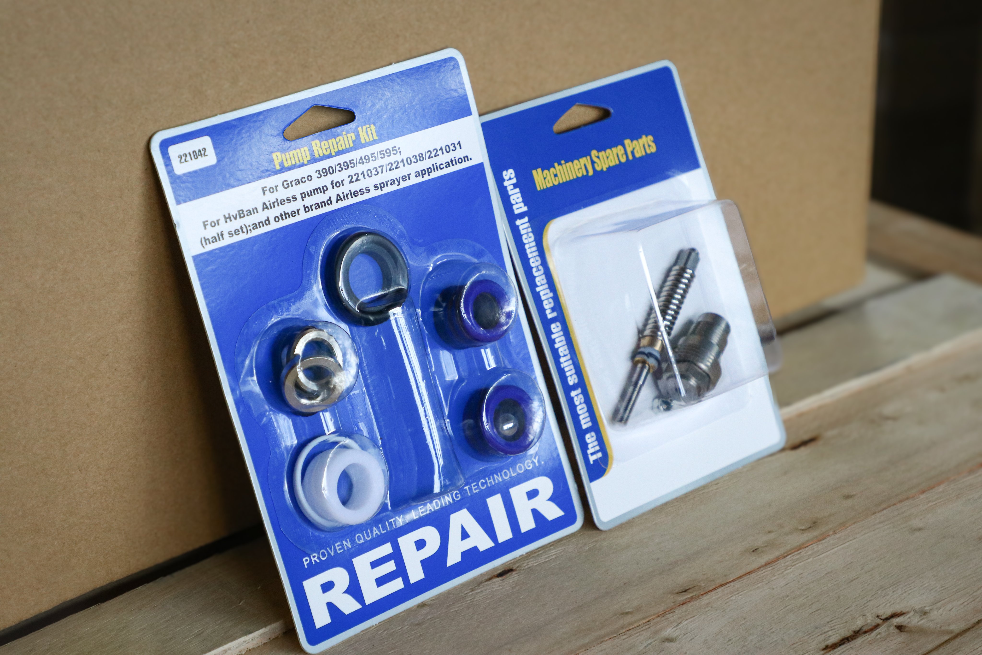 HVBAN professional machinery spare parts and pump seal kits displayed with a shipping box, representing ready-to-ship maintenance inventory and reliable OEM sprayer component supply.