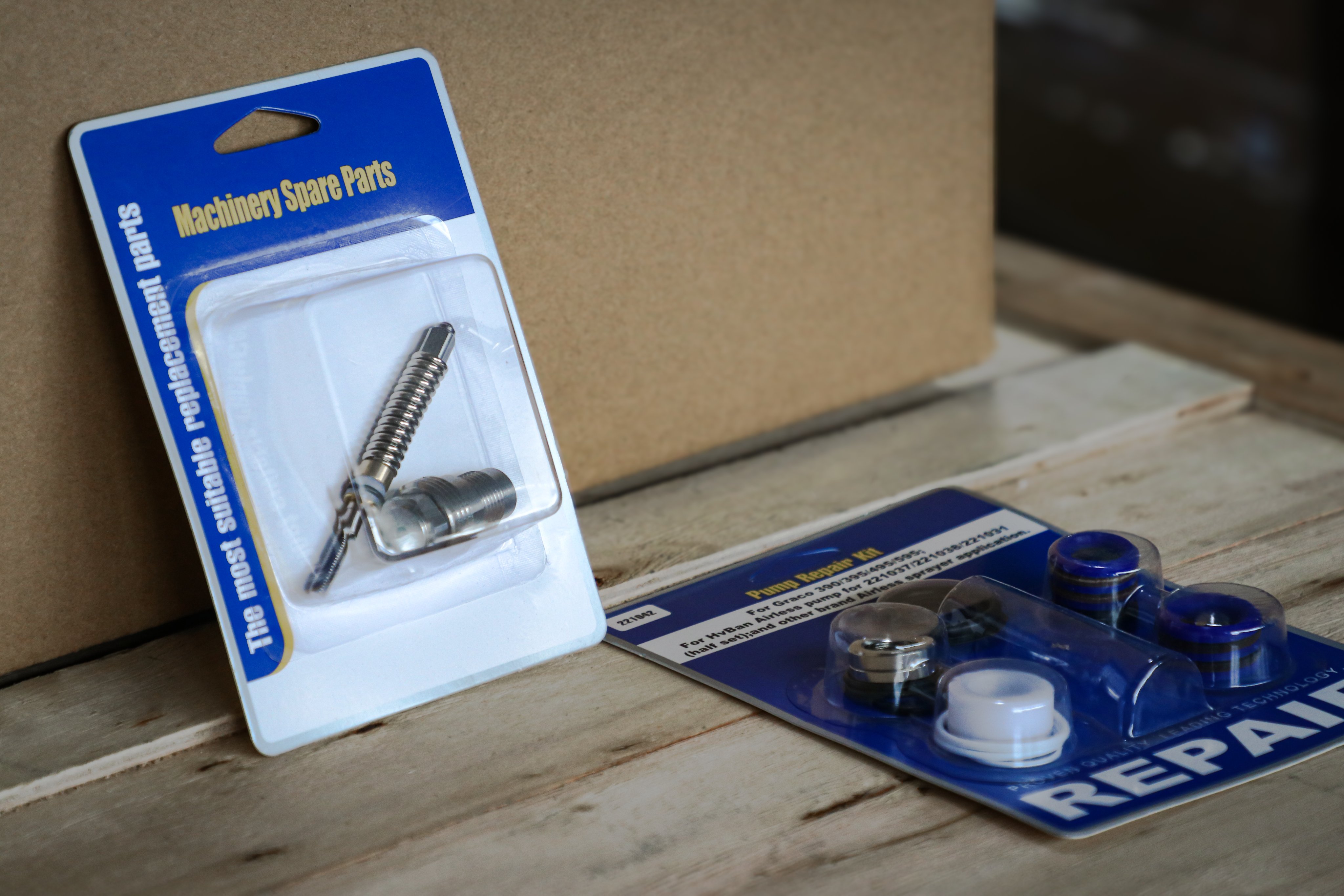 High-durability HVBAN pump repair kit and piston rod component in professional blue packaging, representing precision engineering and the brand’s commitment to premium airless sprayer accessories.