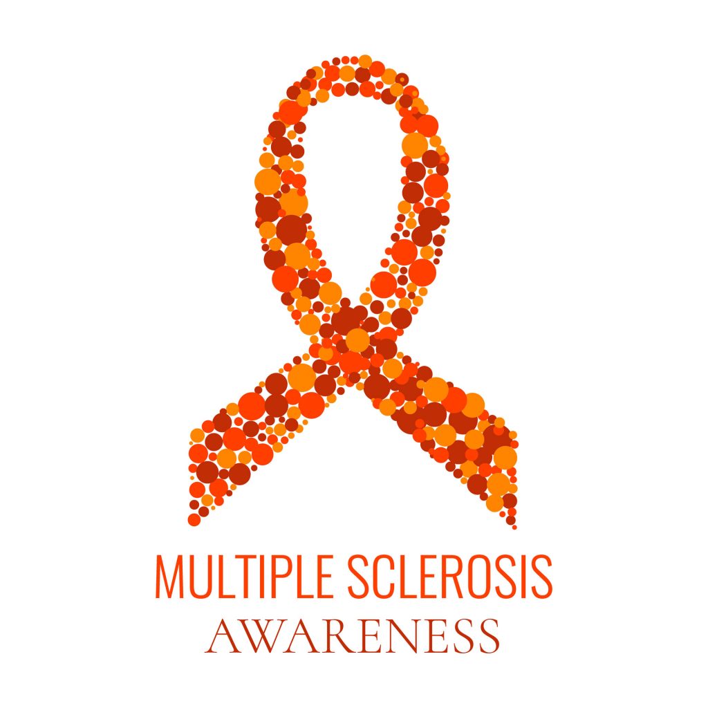 MS Awareness Month with an orange ribbon in the center.